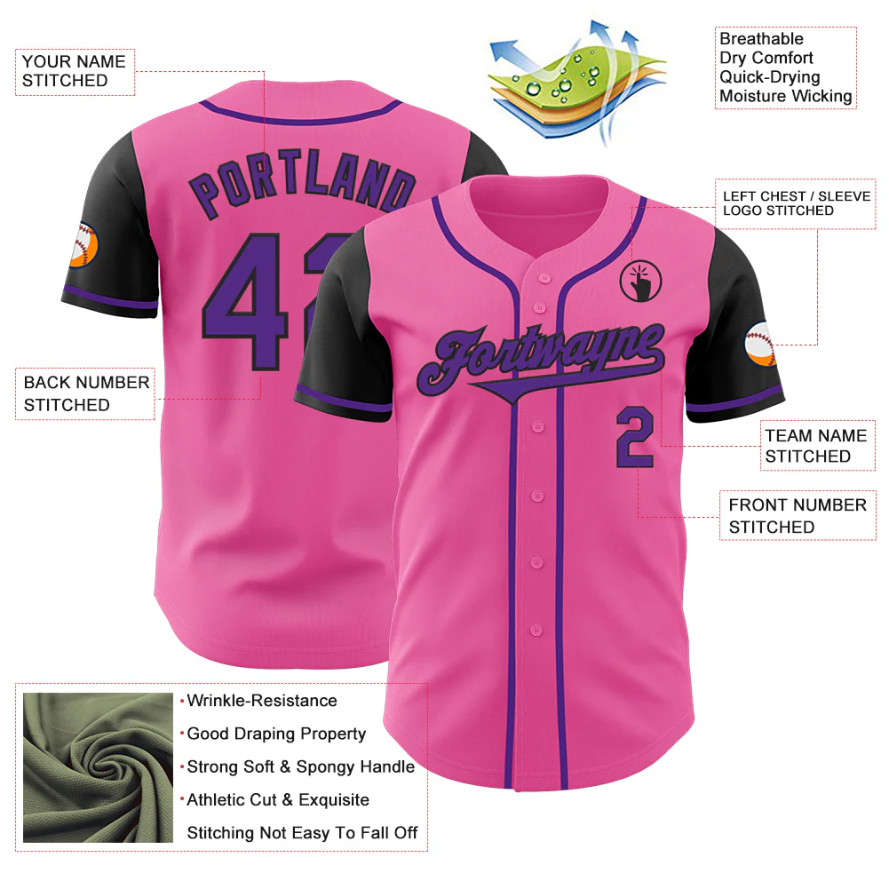 Custom Pink Purple-Black Authentic Two Tone Baseball Jersey - Image 3