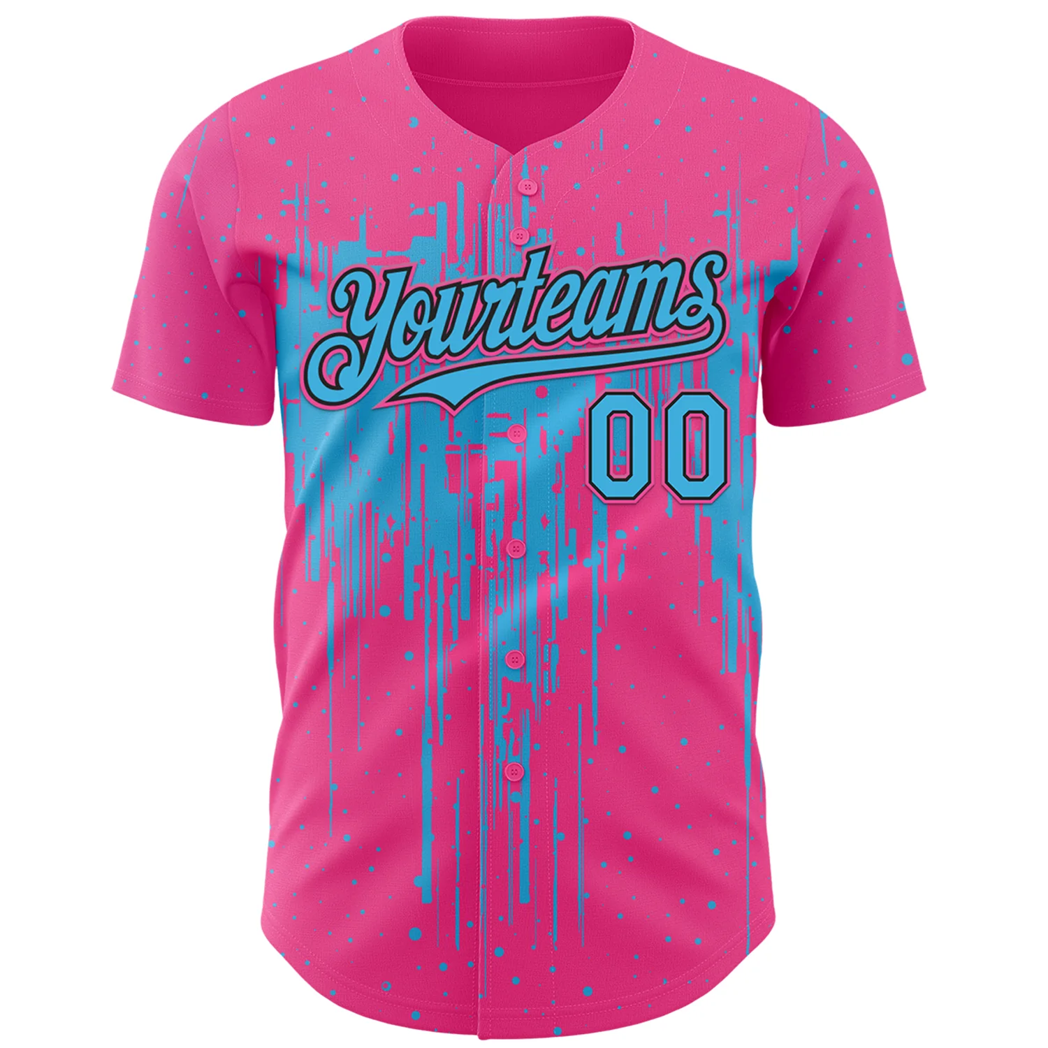 Custom Pink Sky Blue-Black Dripping Splatter Paint Authentic Baseball Jersey - Image 2