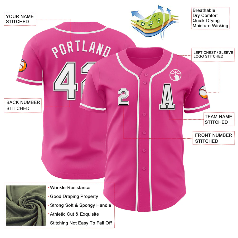 Custom Pink White-Black Authentic Baseball Jersey - Image 2