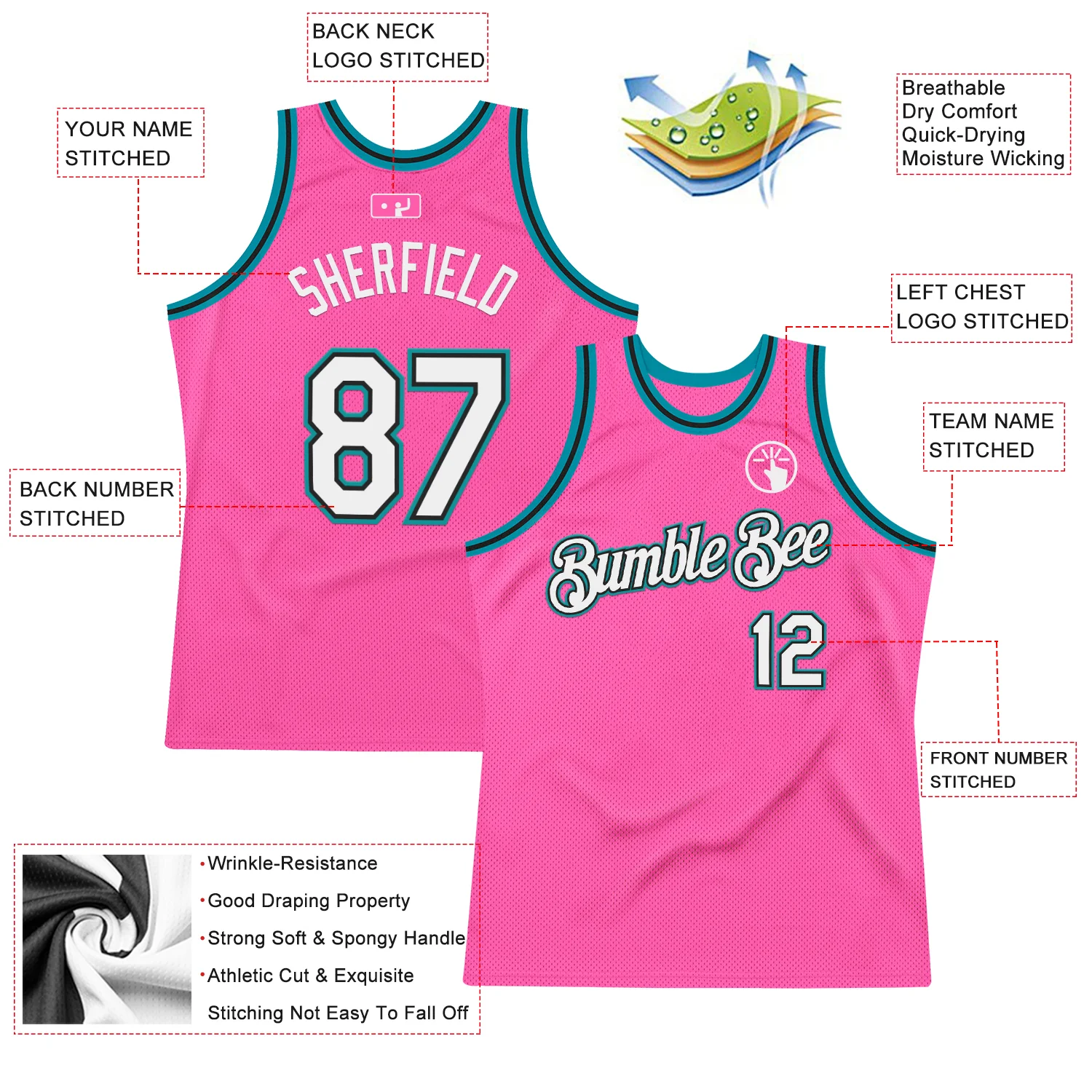 Custom Pink Black-Teal Authentic Throwback Basketball Jersey - Image 2
