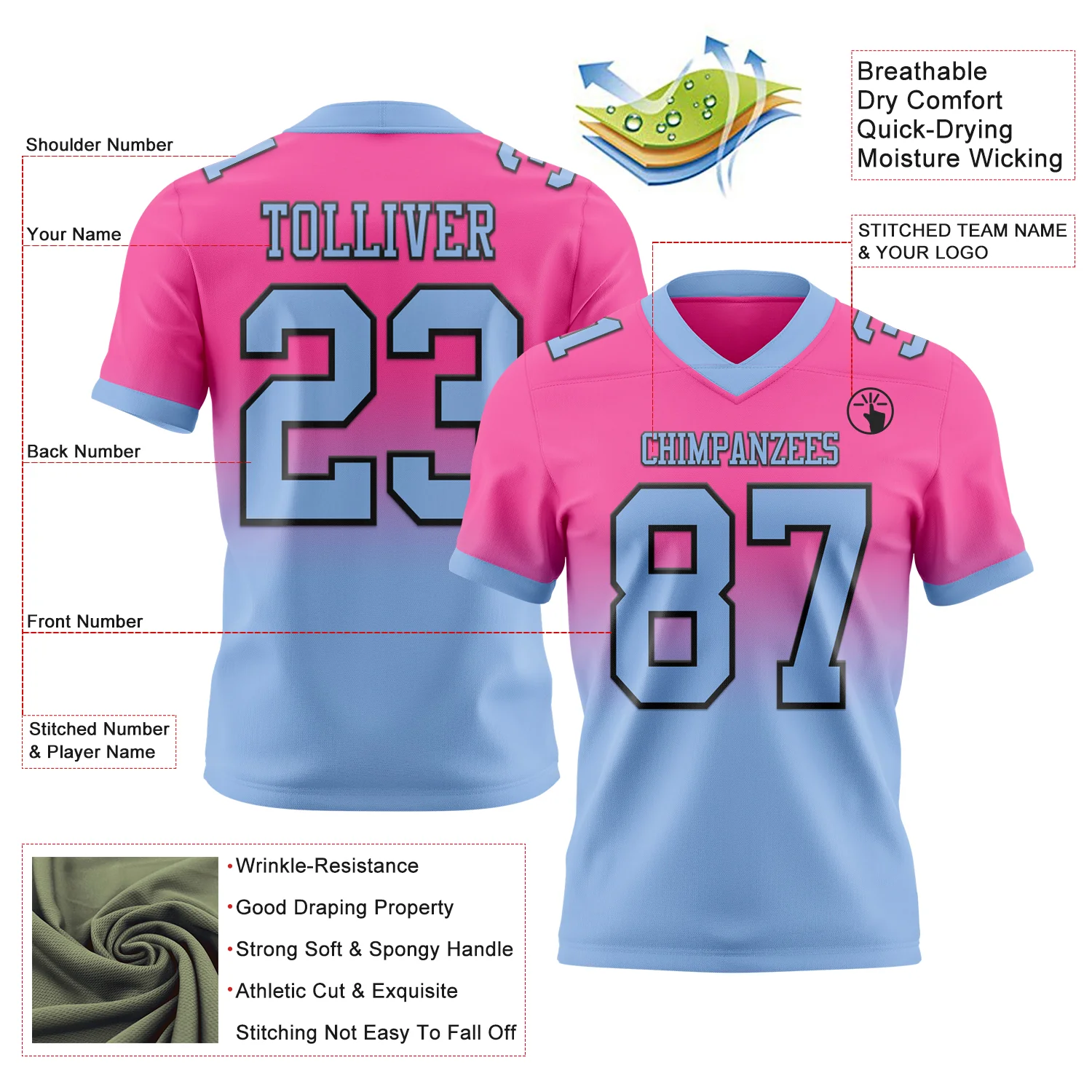 Custom Pink Light Blue-Black Authentic Fade Fashion Football Jersey - Image 2