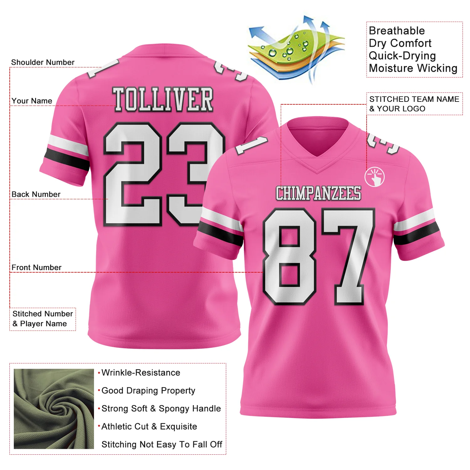 Custom Pink White-Black Authentic Football Jersey - Image 3