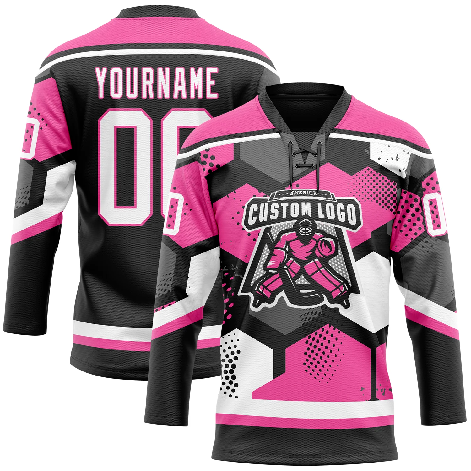 Custom Pink White-Black 3D Pattern Geometric Shape Hockey Lace Neck Jersey - Image 2