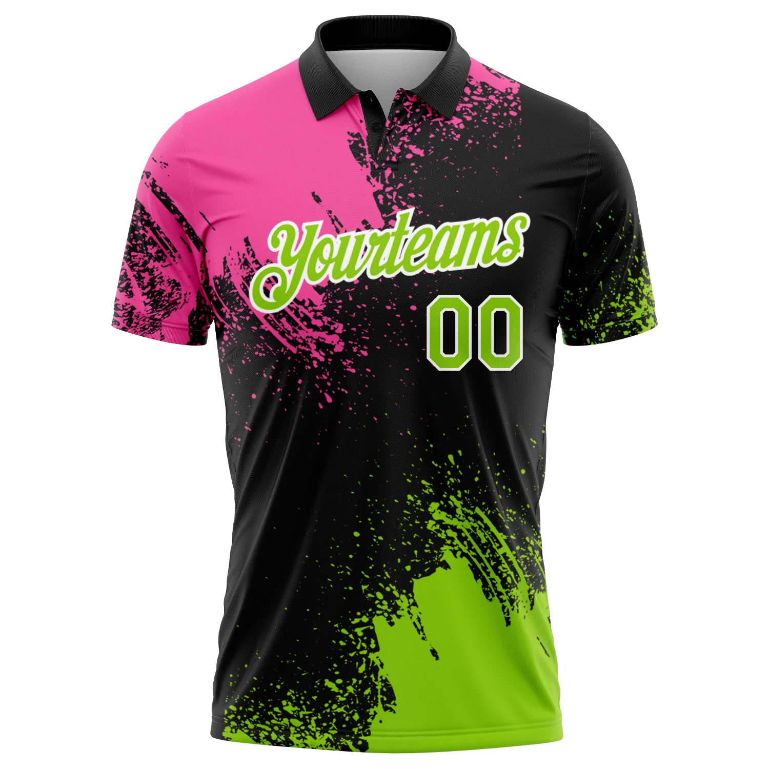 Custom Pink Neon Green-Black 3D Pattern Design Abstract Brush Stroke Performance Polo Shirt - Image 2