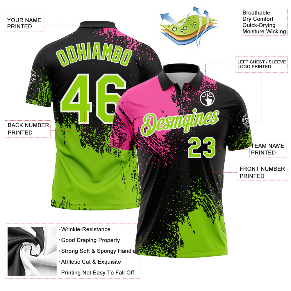 Custom Pink Neon Green-Black 3D Pattern Design Abstract Brush Stroke Performance Polo Shirt - Image 3