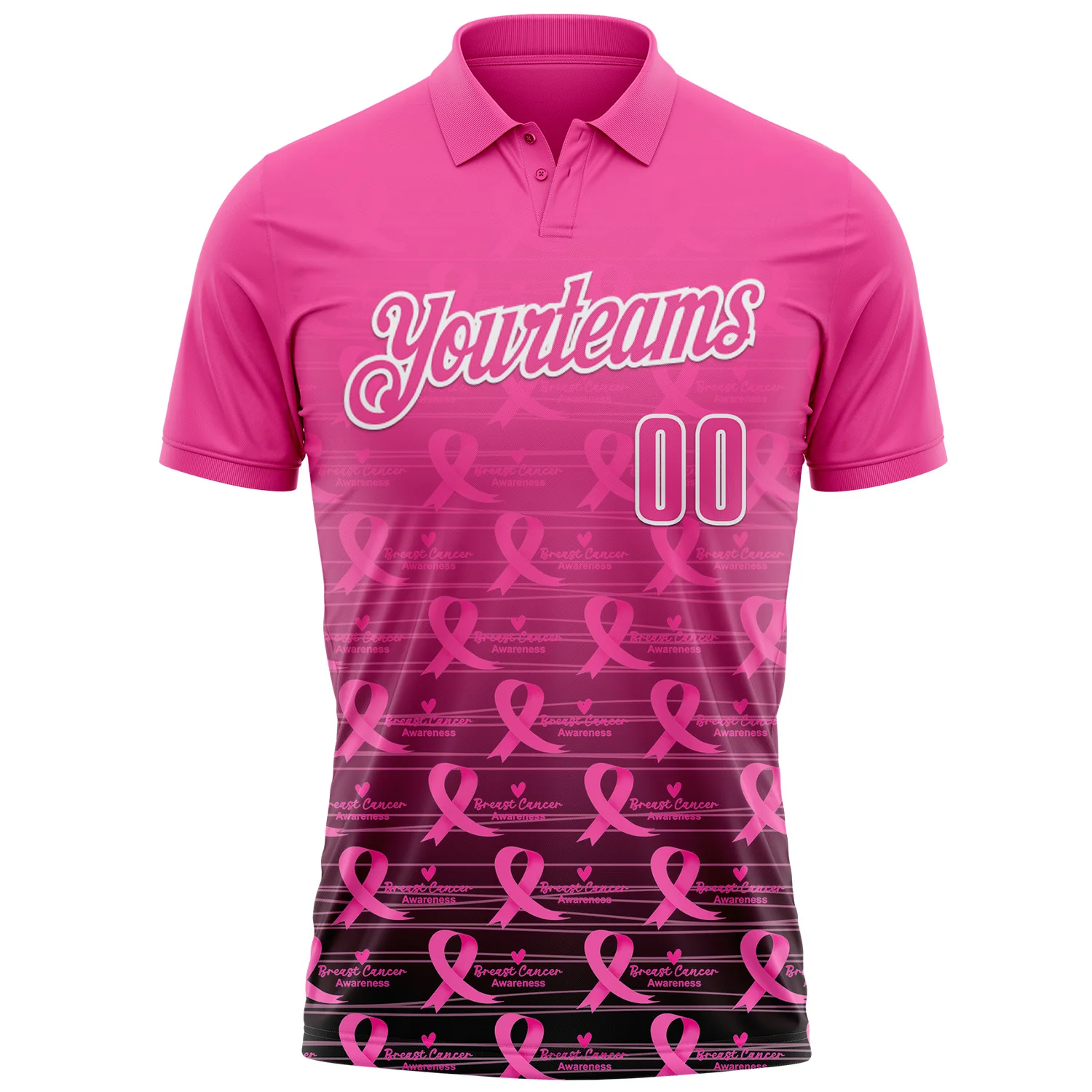 Custom Pink Black-White 3D Gradient Pink Ribbon Breast Cancer Awareness Performance Polo Shirt - Image 2