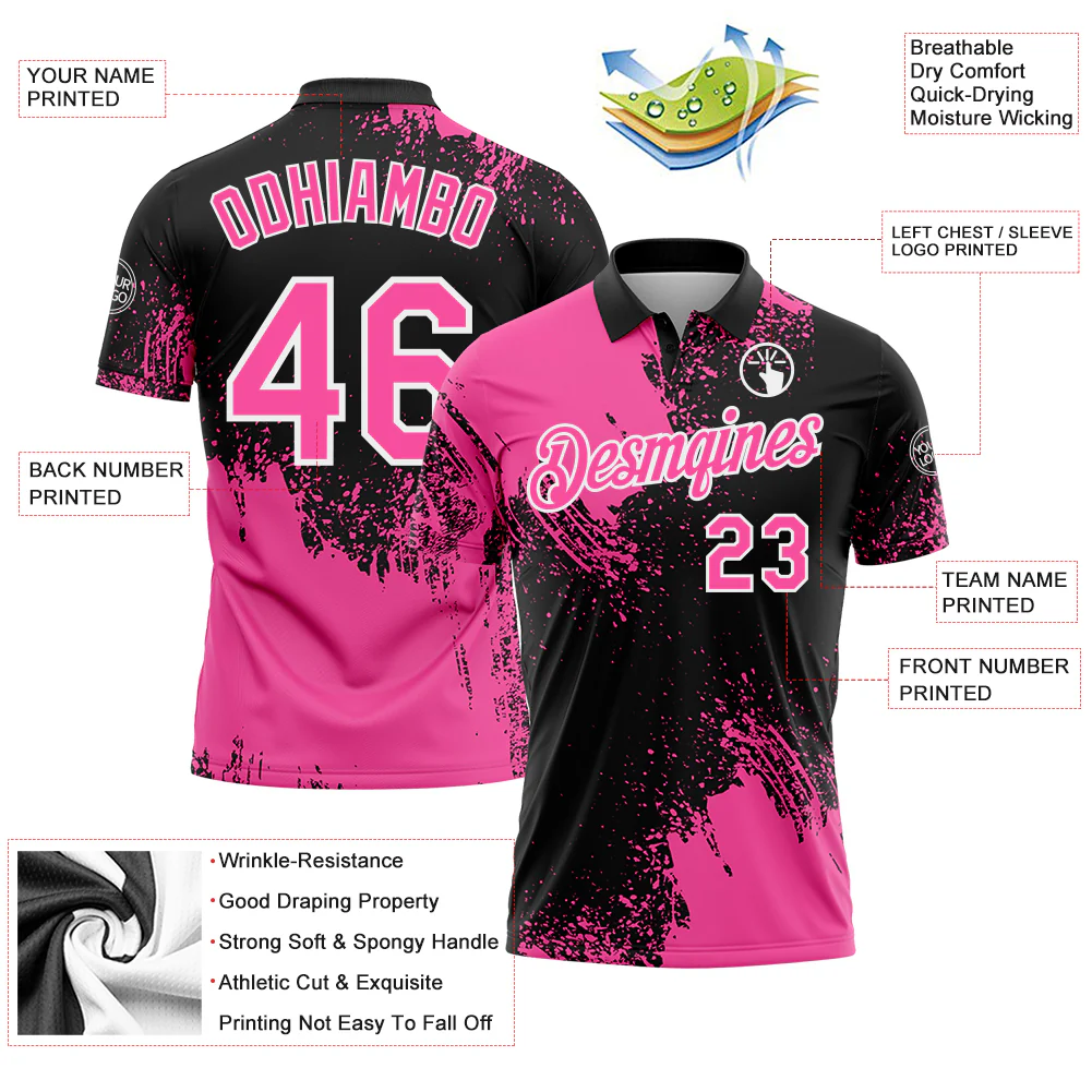 Custom Pink Black-White 3D Pattern Design Abstract Brush Stroke Performance Polo Shirt - Image 3