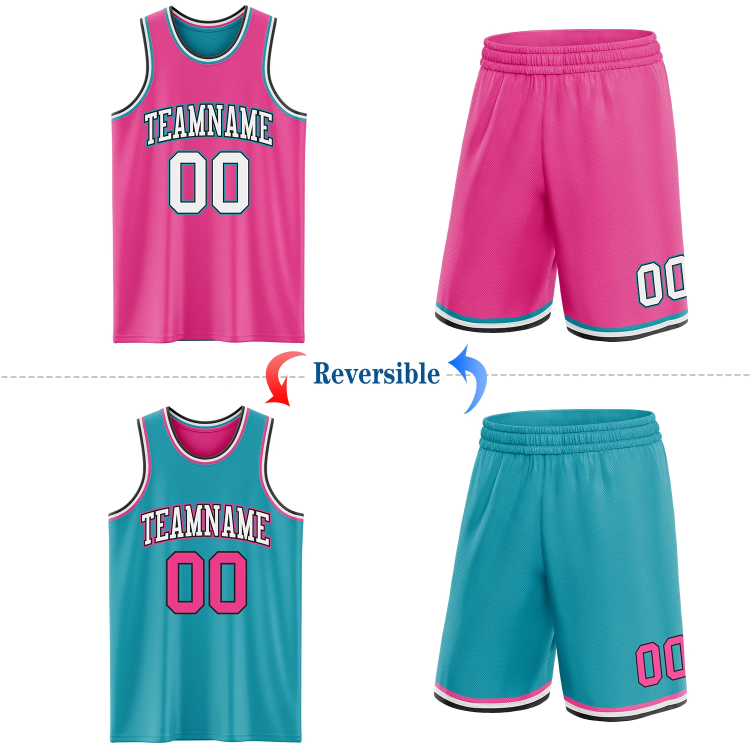 Custom Reversible Pink Black-Teal Double Side Sublimation Basketball Suit Jersey - Image 2