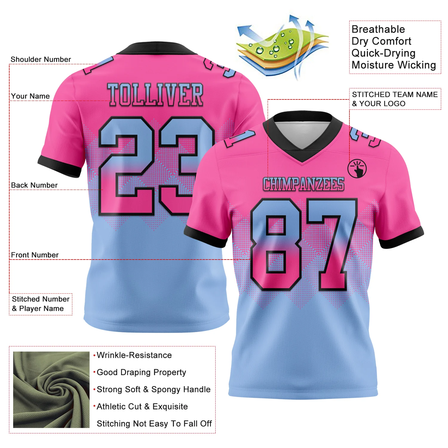Custom Pink Light Blue-Black Authentic Gradient Square Shape Flag Football Jersey - Image 2