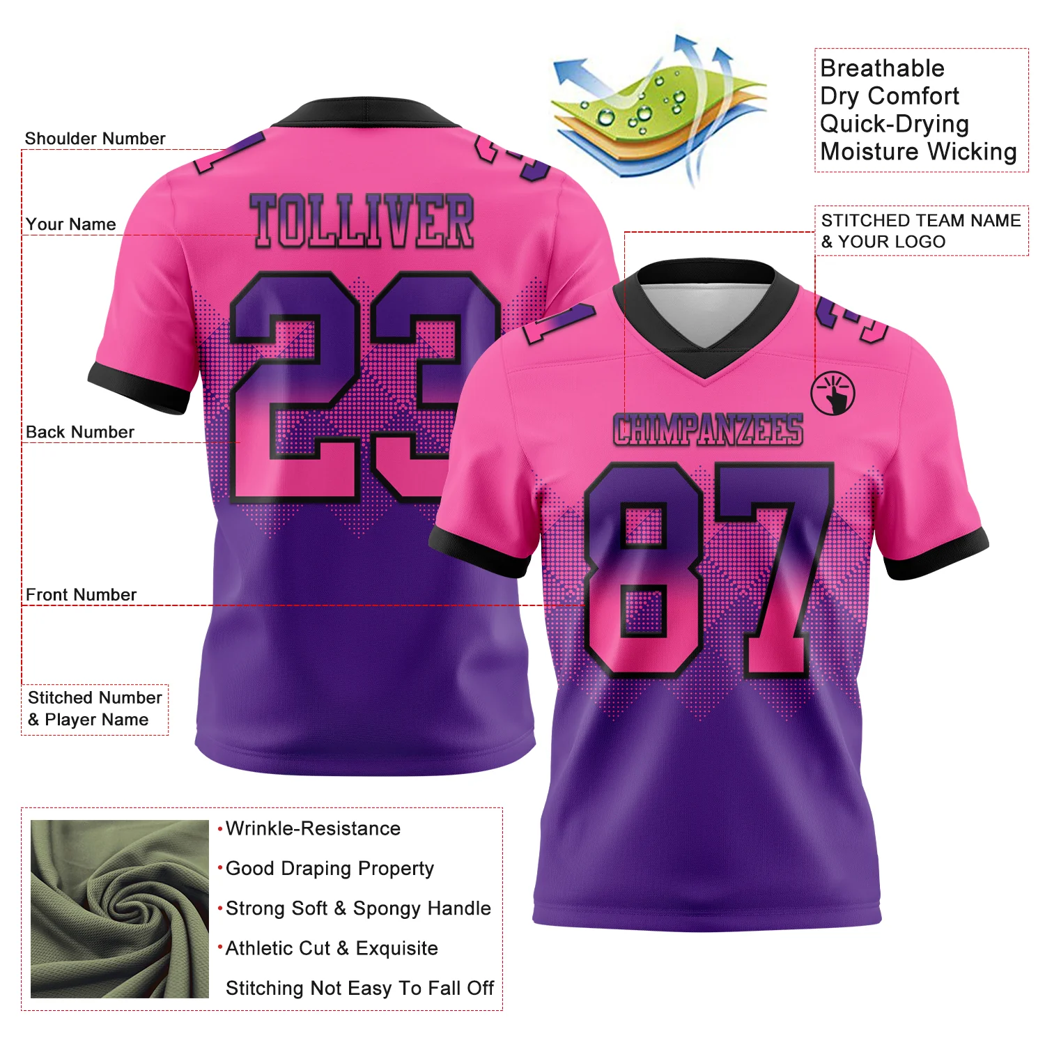 Custom Pink Purple-Black Authentic Gradient Square Shape Flag Football Jersey - Image 2