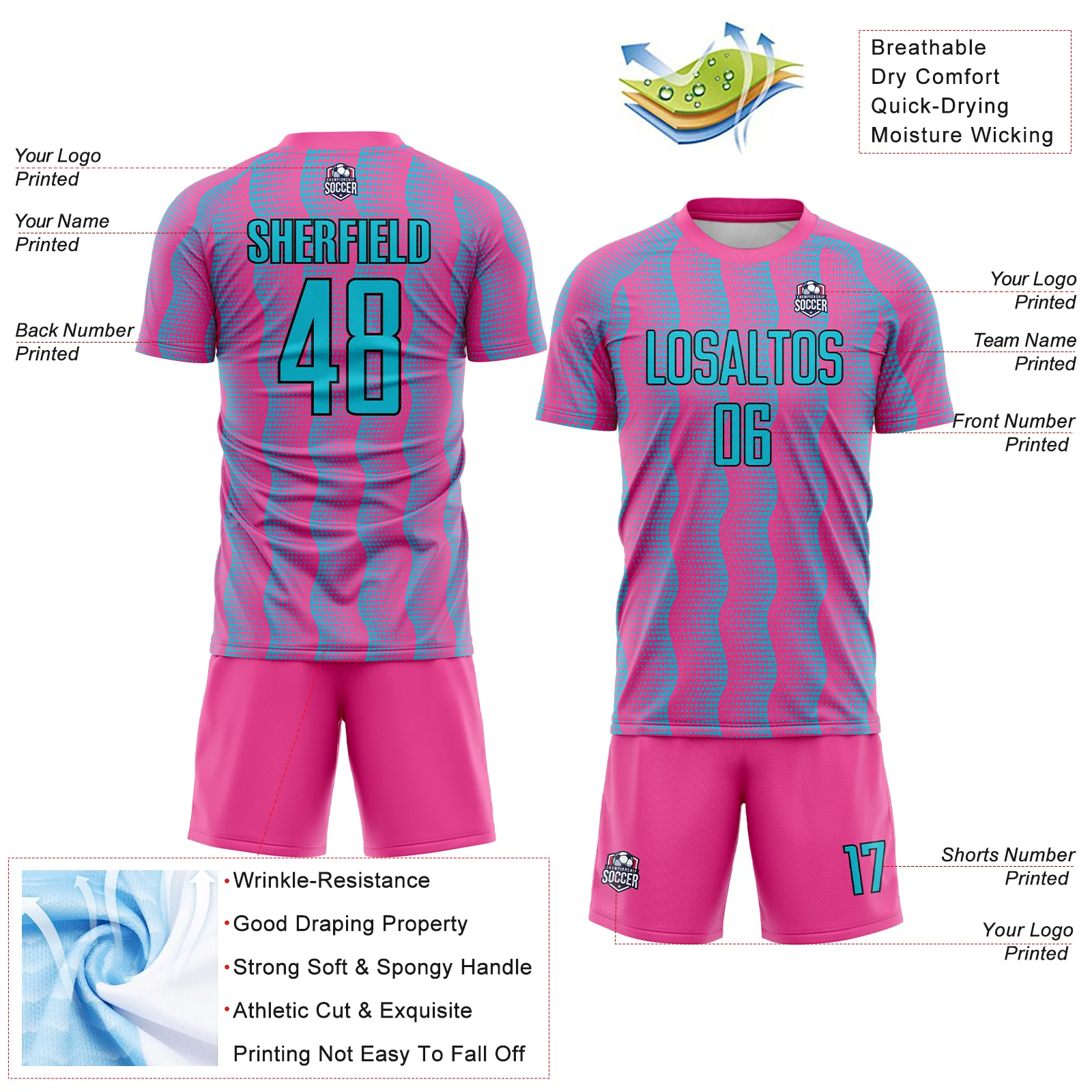Custom Pink Lakes Blue-Black Geometric Shape Sublimation Soccer Uniform Jersey - Image 4
