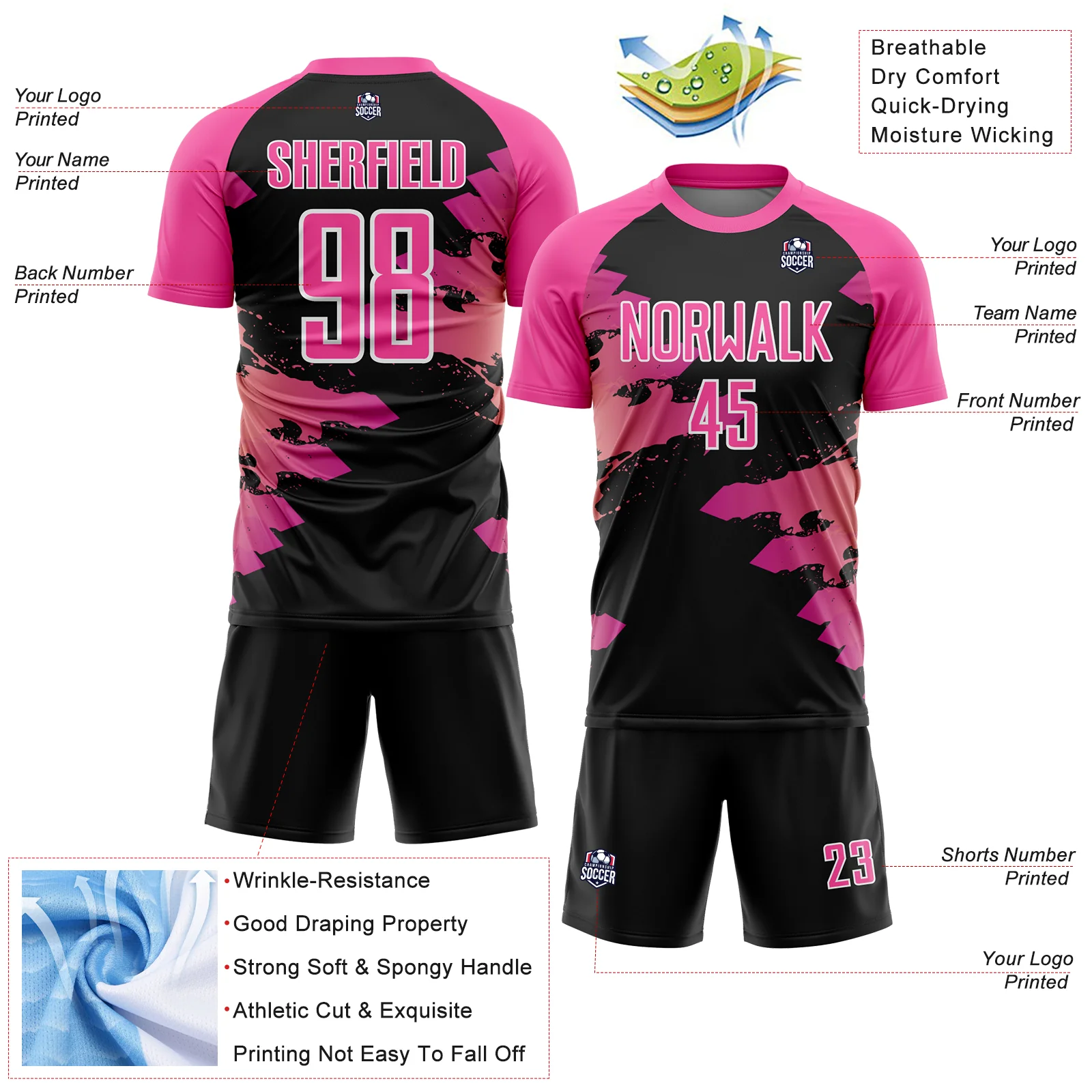 Custom Pink Black-White Splash Sublimation Soccer Uniform Jersey - Image 4