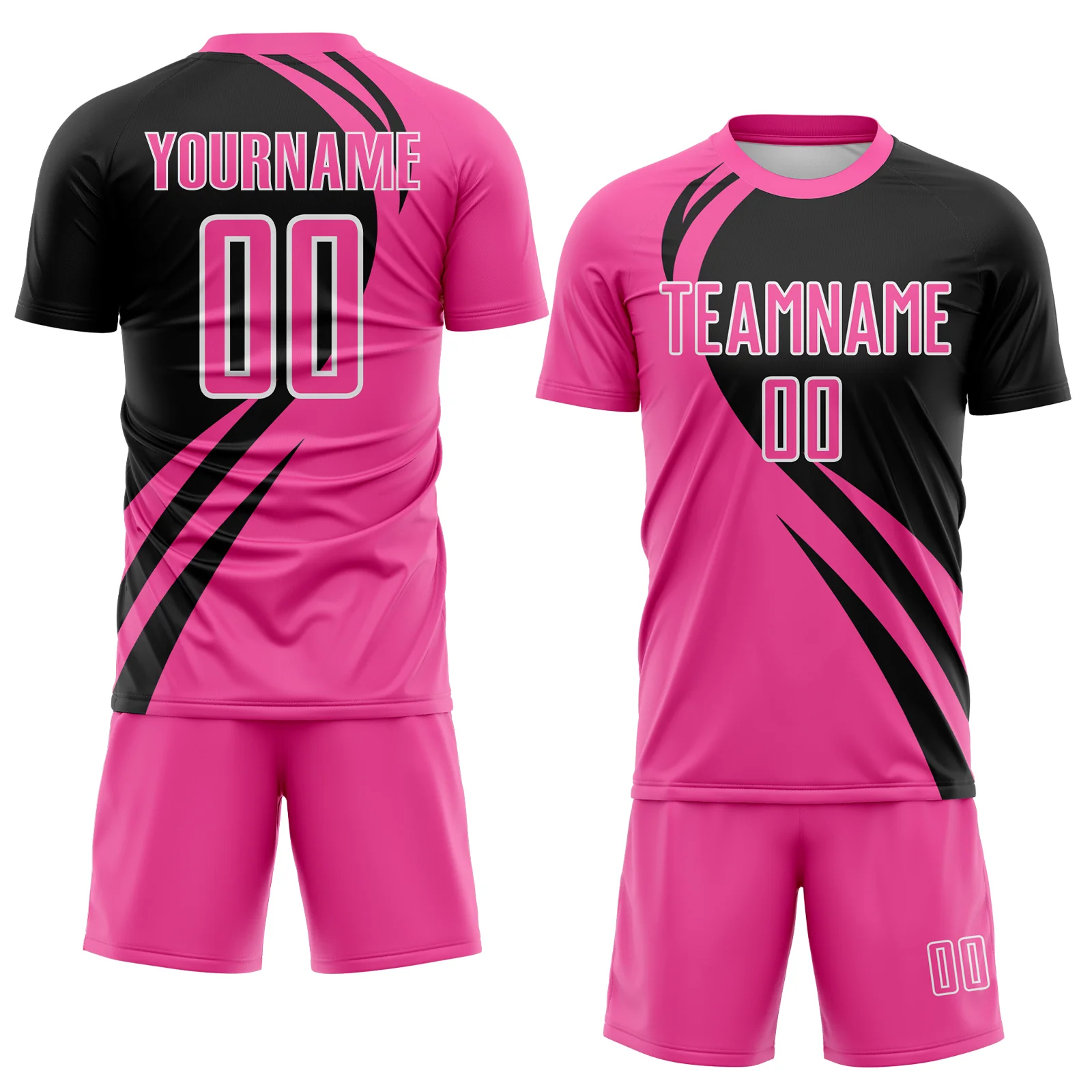 Custom Pink Black-White Diagonal Streamline Color Block Swirl Curve Lines Sublimation Soccer Uniform Jersey - Image 2
