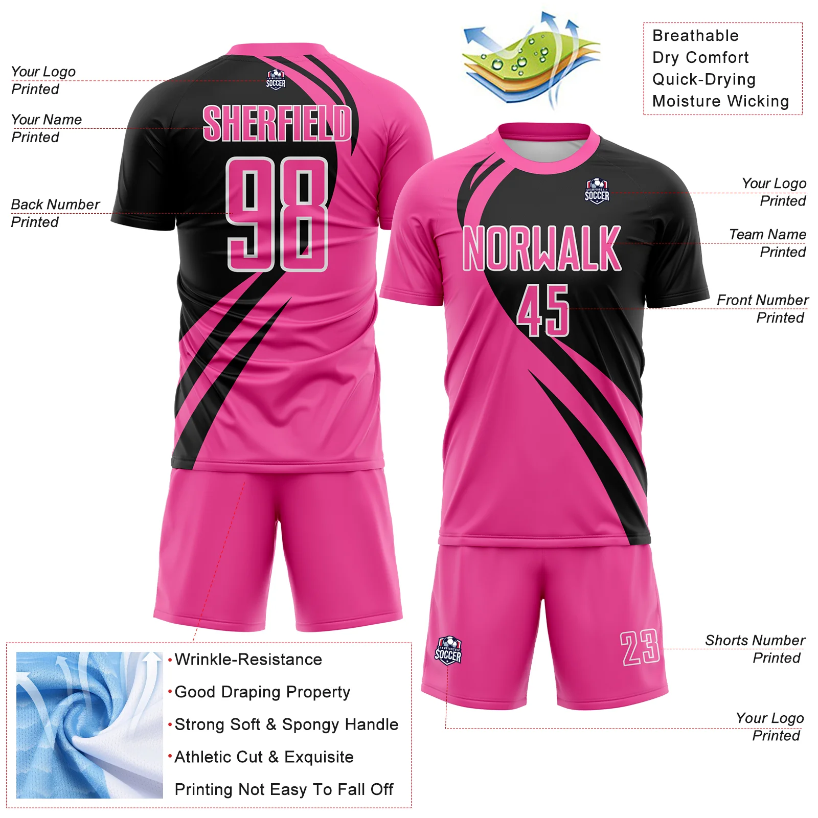 Custom Pink Black-White Diagonal Streamline Color Block Swirl Curve Lines Sublimation Soccer Uniform Jersey - Image 3