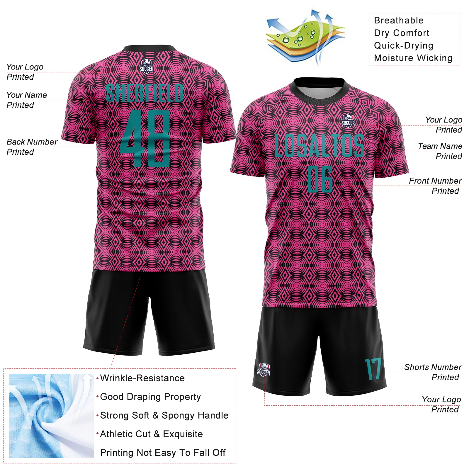 Custom Pink Teal-Black Geometric Shapes Sublimation Soccer Uniform Jersey - Image 4