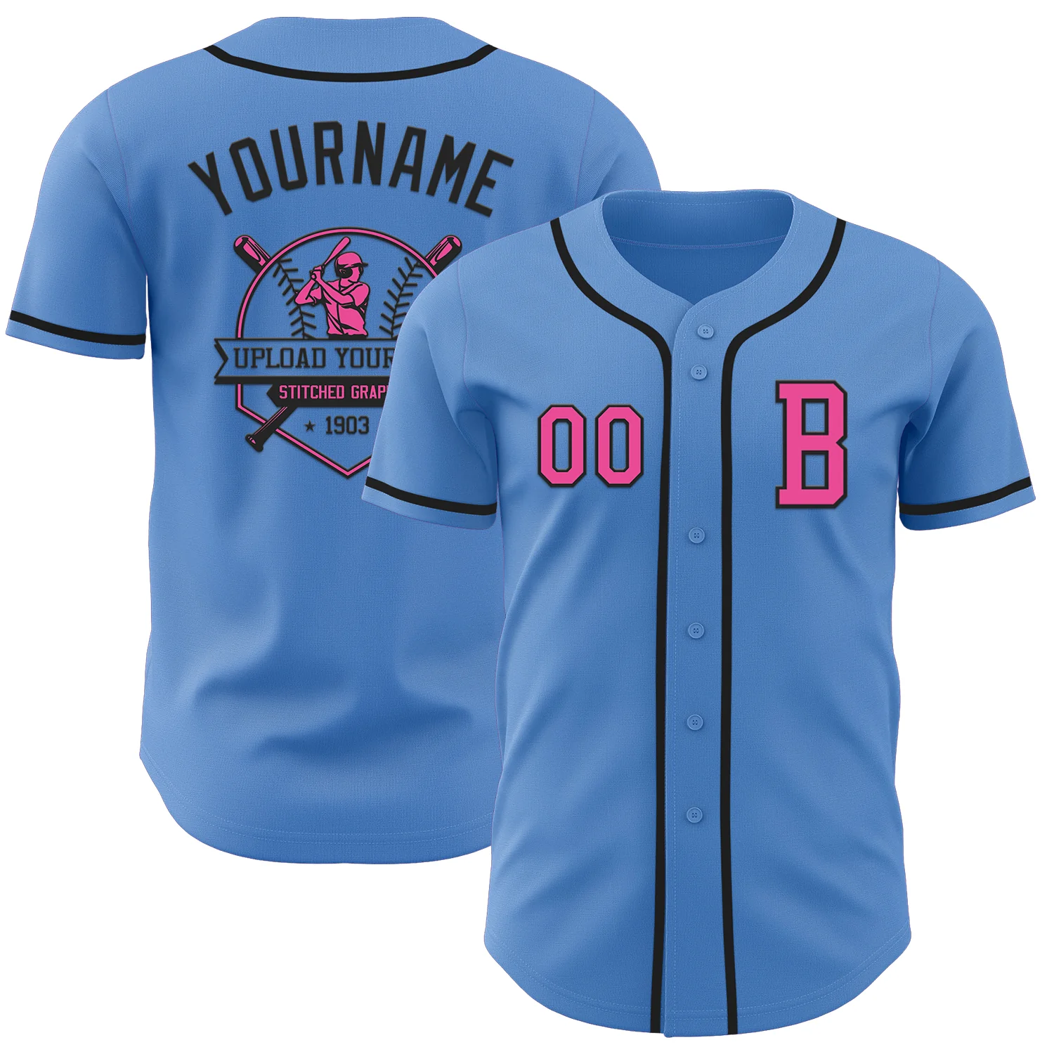 Custom Powder Blue Pink-Black Authentic Baseball Jersey - Image 5