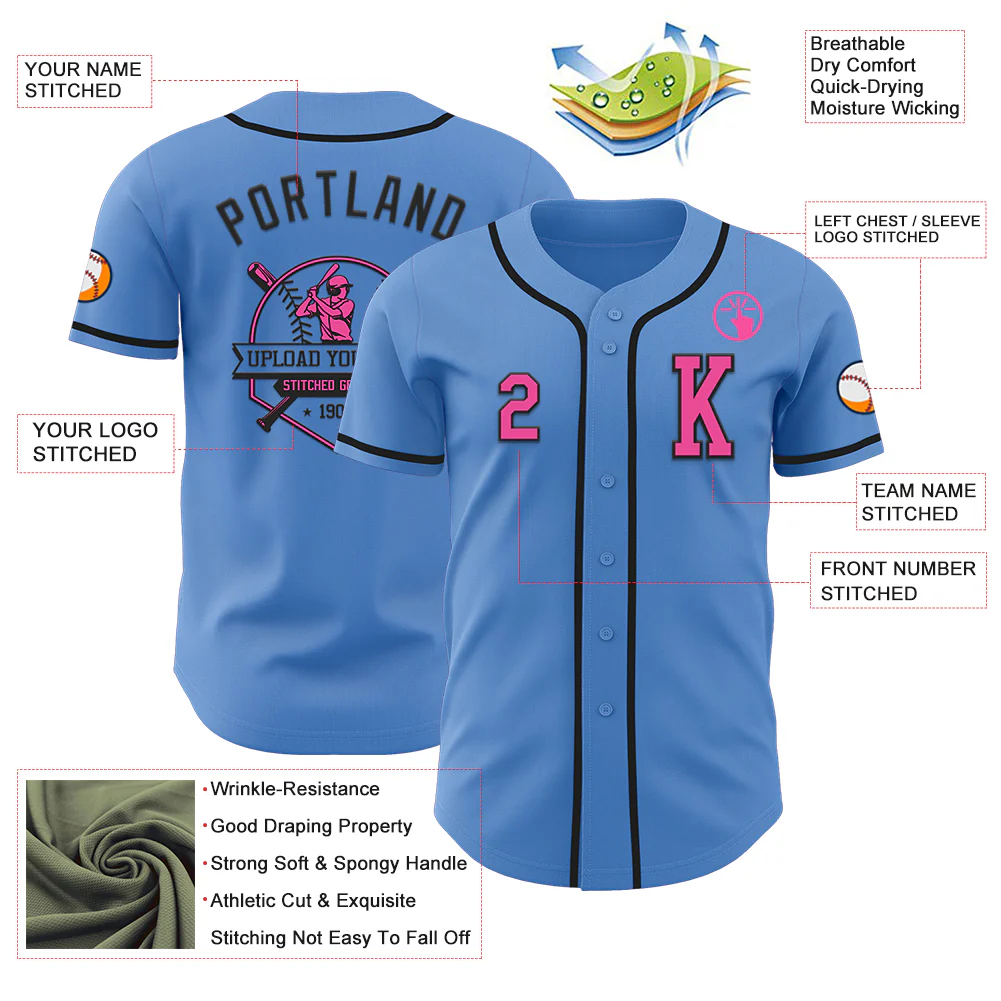 Custom Powder Blue Pink-Black Authentic Baseball Jersey - Image 6