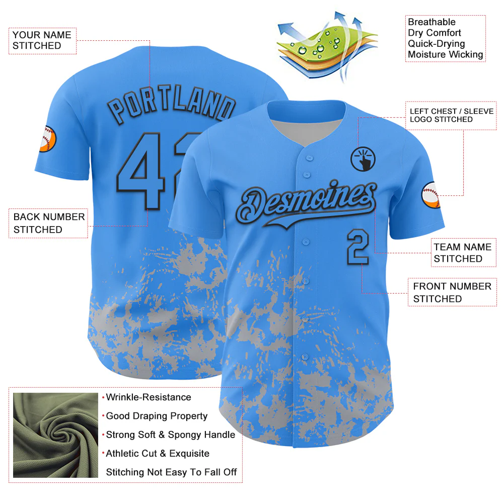 Custom Powder Blue Black-Gray Splatter Authentic Baseball Jersey - Image 3