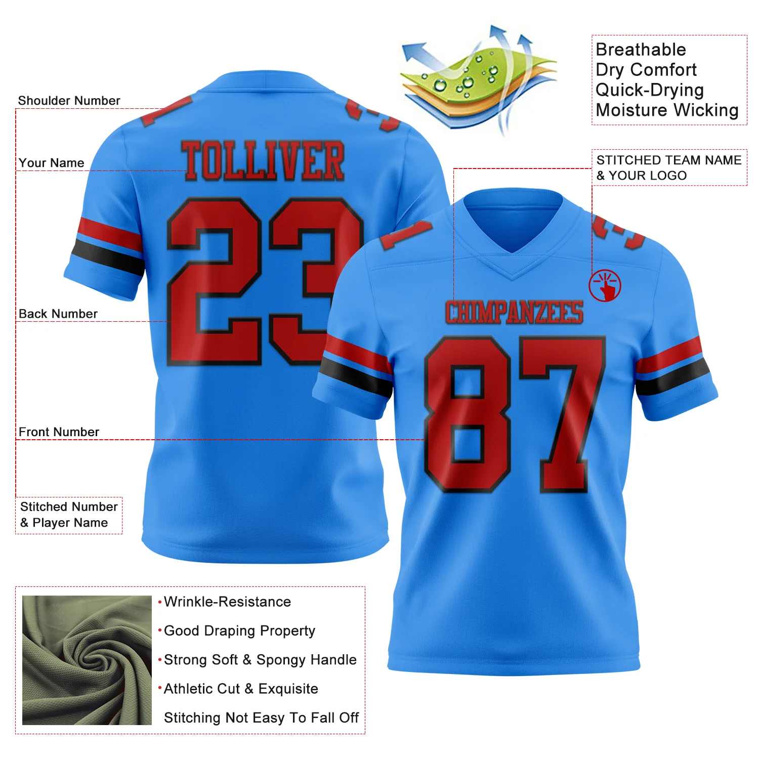 Custom Powder Blue Red-Black Authentic Football Jersey - Image 3