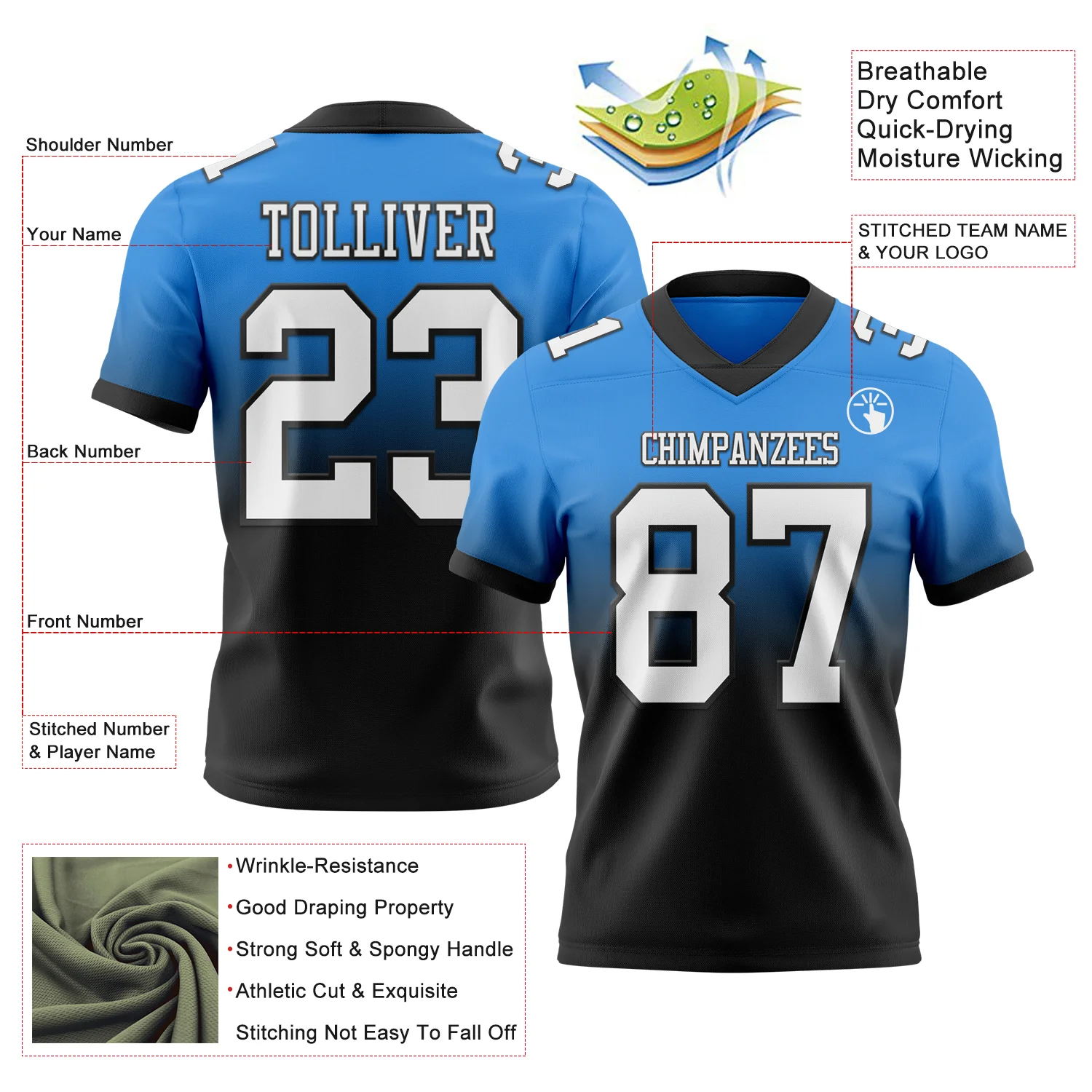 Custom Powder Blue White-Black Authentic Fade Fashion Football Jersey - Image 2