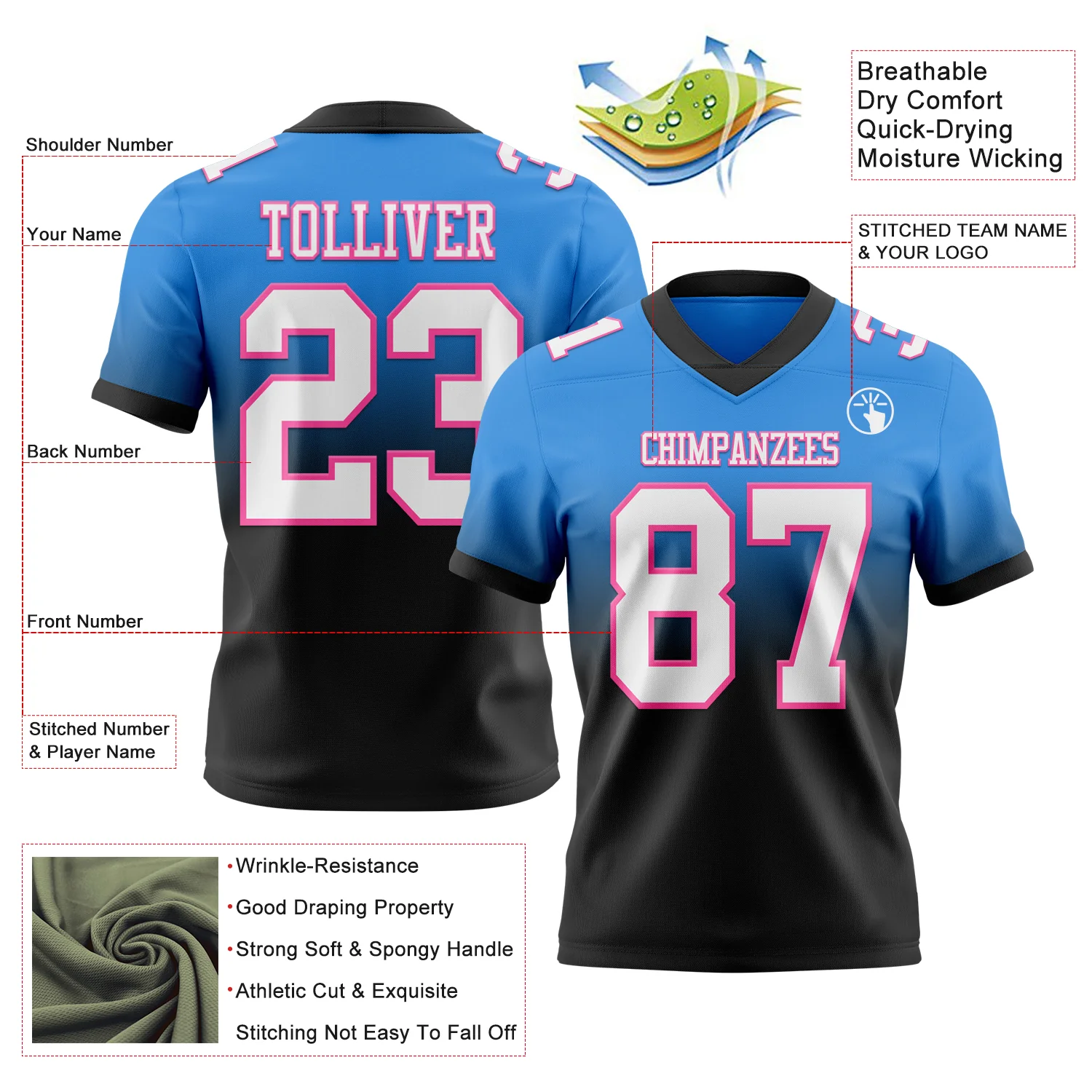Custom Powder Blue White Black-Pink Authentic Fade Fashion Football Jersey - Image 2