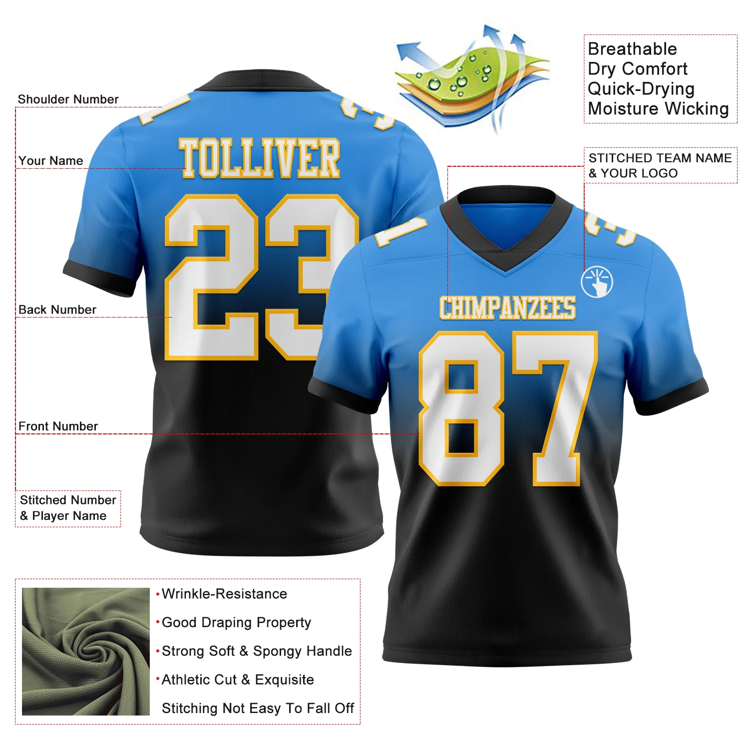 Custom Powder Blue White Black-Gold Authentic Fade Fashion Football Jersey - Image 2