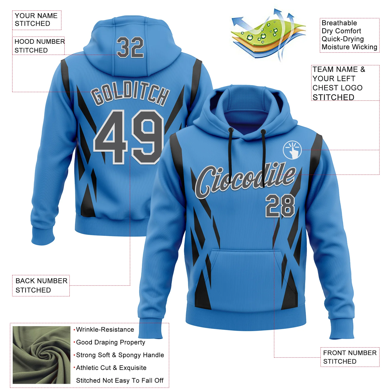 Custom Stitched Powder Blue Steel Gray Black-White 3D Pattern Design Sportswear Pullover Sweatshirt Hoodie - Image 2