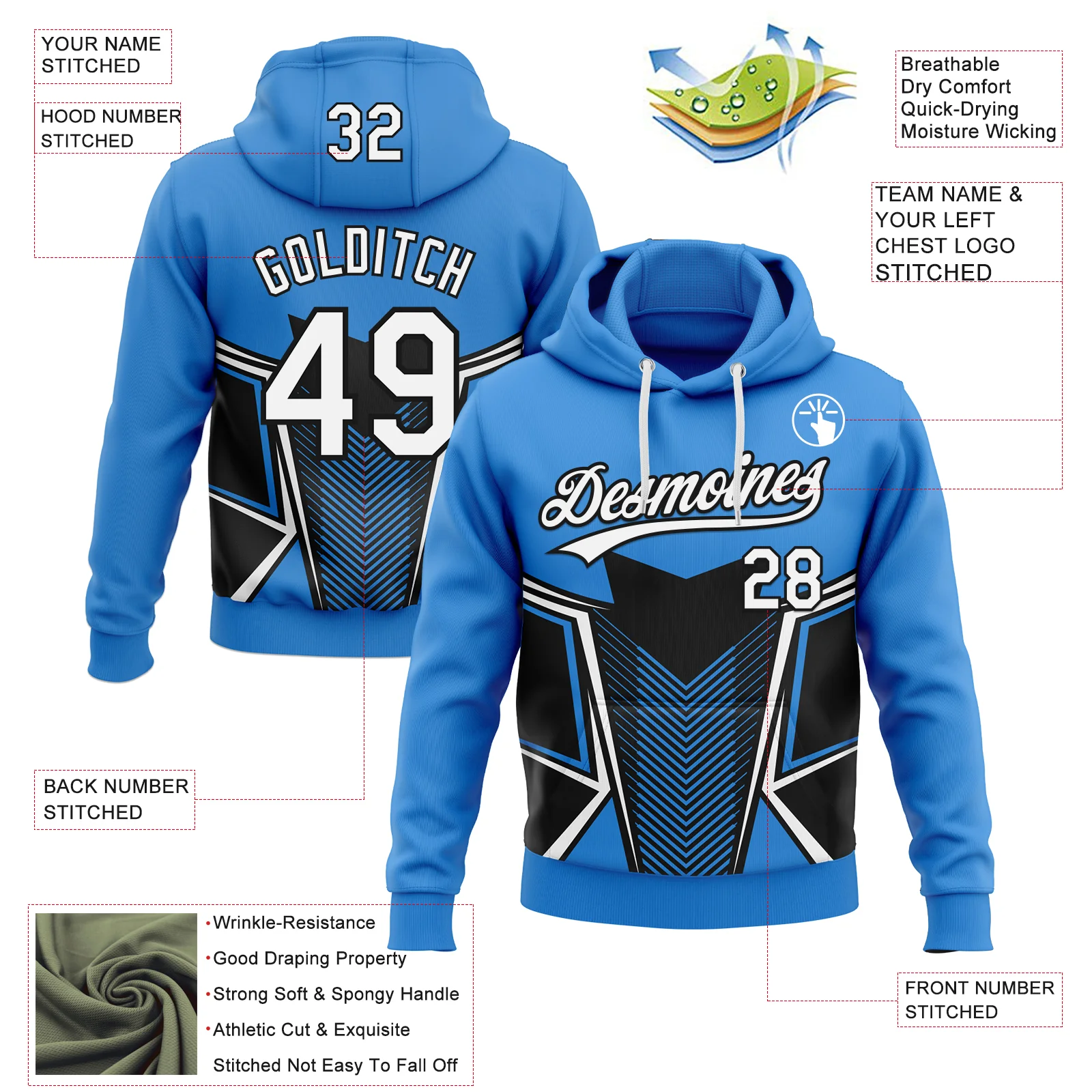 Custom Stitched Powder Blue White-Black E-sports Pattern Pullover Sweatshirt Hoodie - Image 4