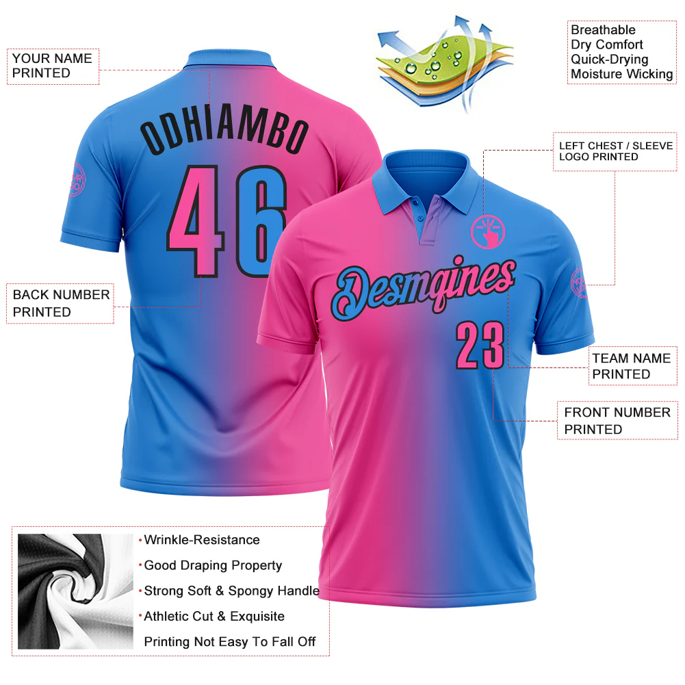Custom Powder Blue Pink-Black 3D Gradient Fashion Performance Polo Shirt - Image 3