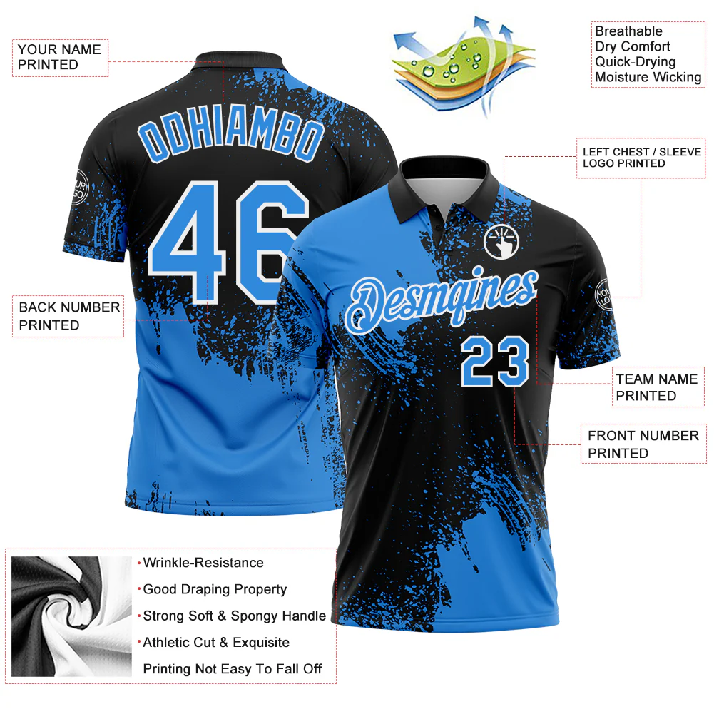Custom Powder Blue Black-White 3D Pattern Design Abstract Brush Stroke Performance Polo Shirt - Image 3