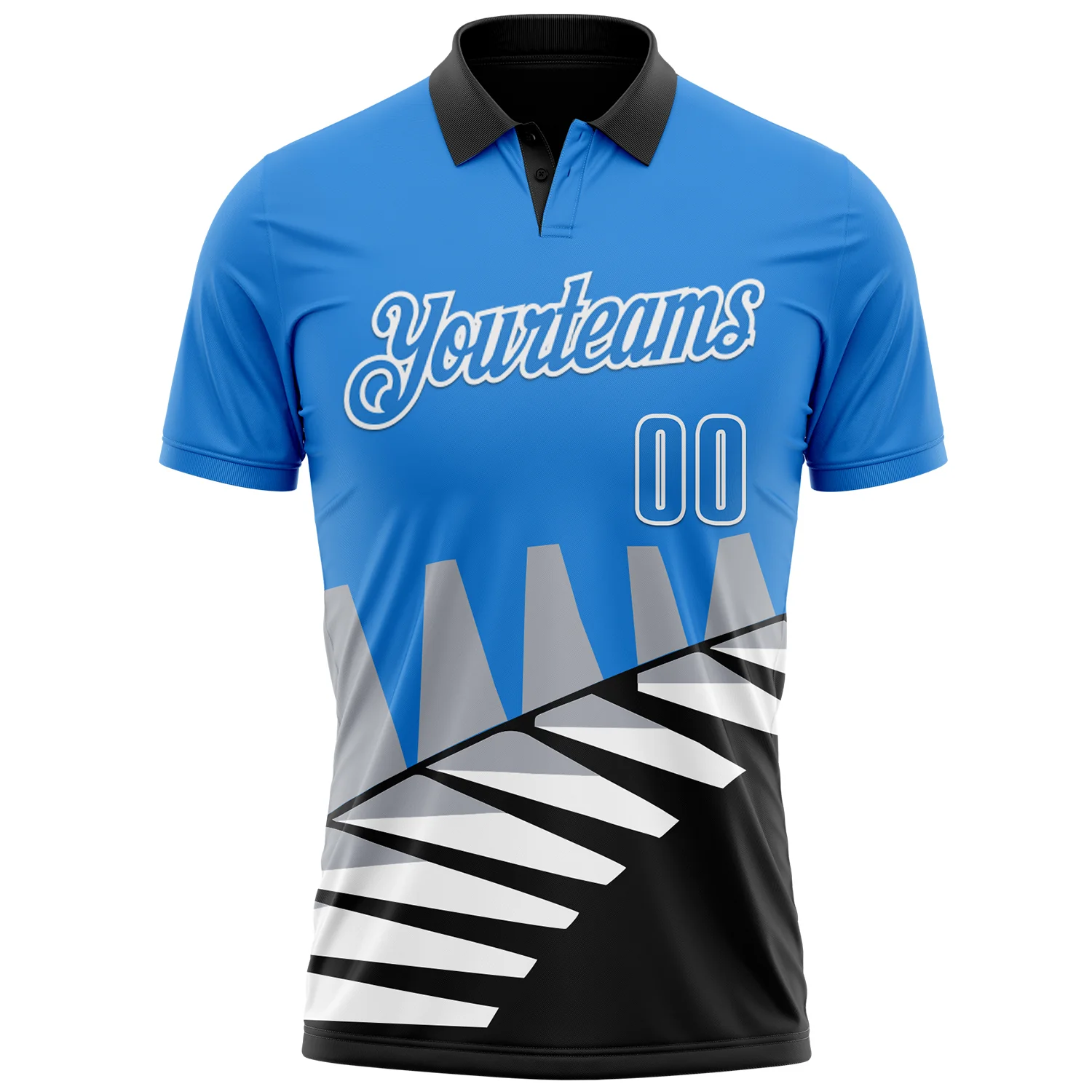 Custom Powder Blue Black Gray-White 3D Pattern Design Geometric Shapes Performance Polo Shirt - Image 2