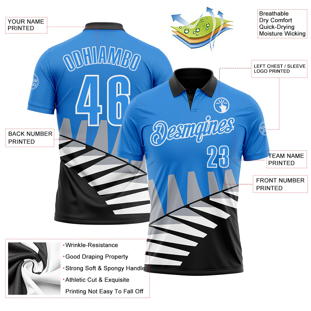 Custom Powder Blue Black Gray-White 3D Pattern Design Geometric Shapes Performance Polo Shirt - Image 3