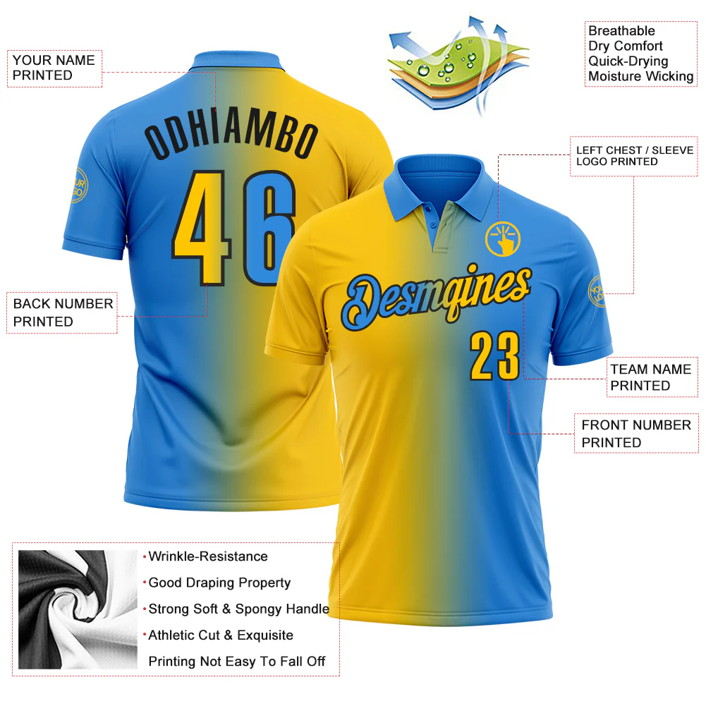 Custom Powder Blue Yellow-Black 3D Gradient Fashion Performance Polo Shirt - Image 3