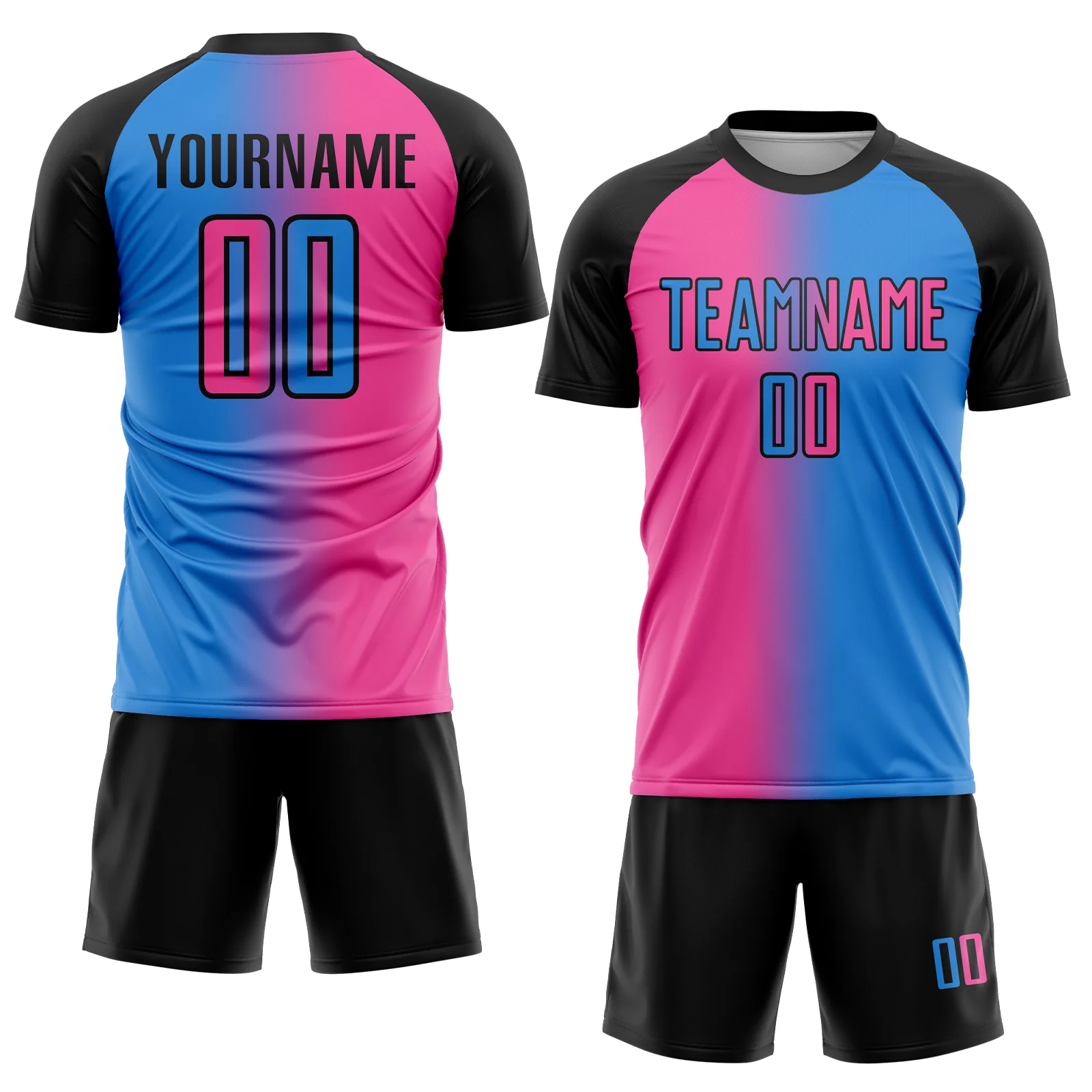 Custom Powder Blue Pink-Black Sublimation Gradient Fashion Soccer Uniform Jersey - Image 2