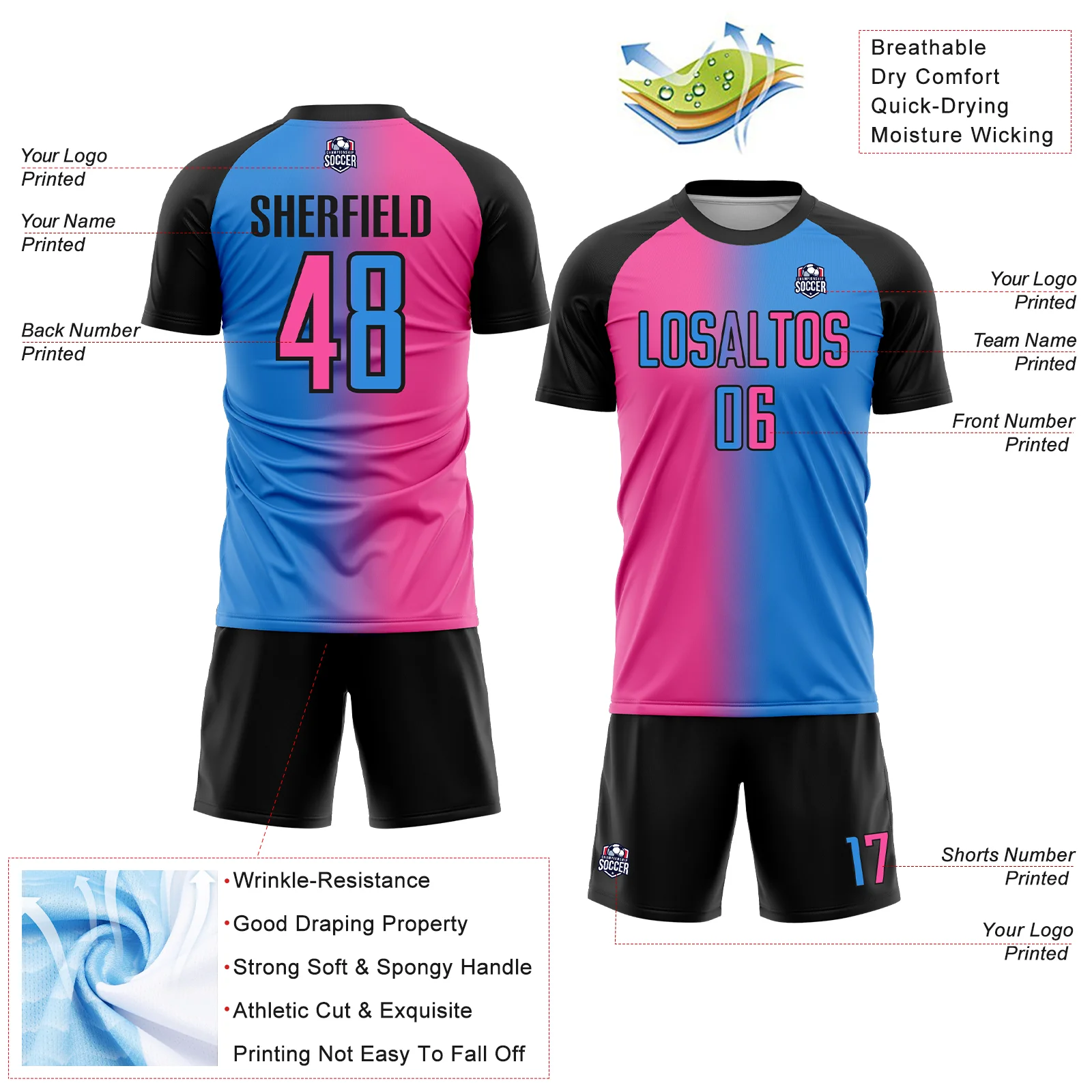 Custom Powder Blue Pink-Black Sublimation Gradient Fashion Soccer Uniform Jersey - Image 4