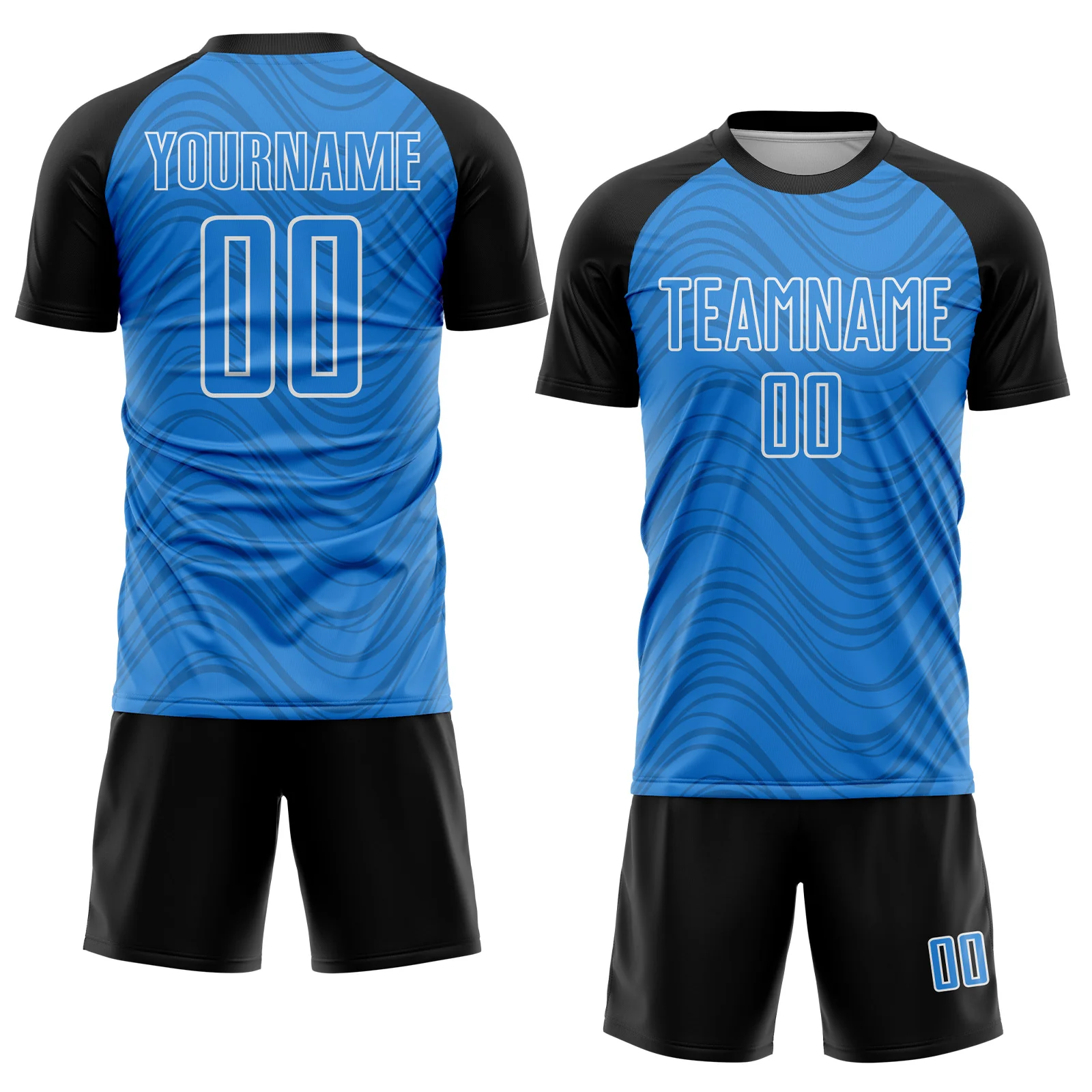 Custom Powder Blue Black-White Wavy Lines Sports Sublimation Soccer Uniform Jersey - Image 2