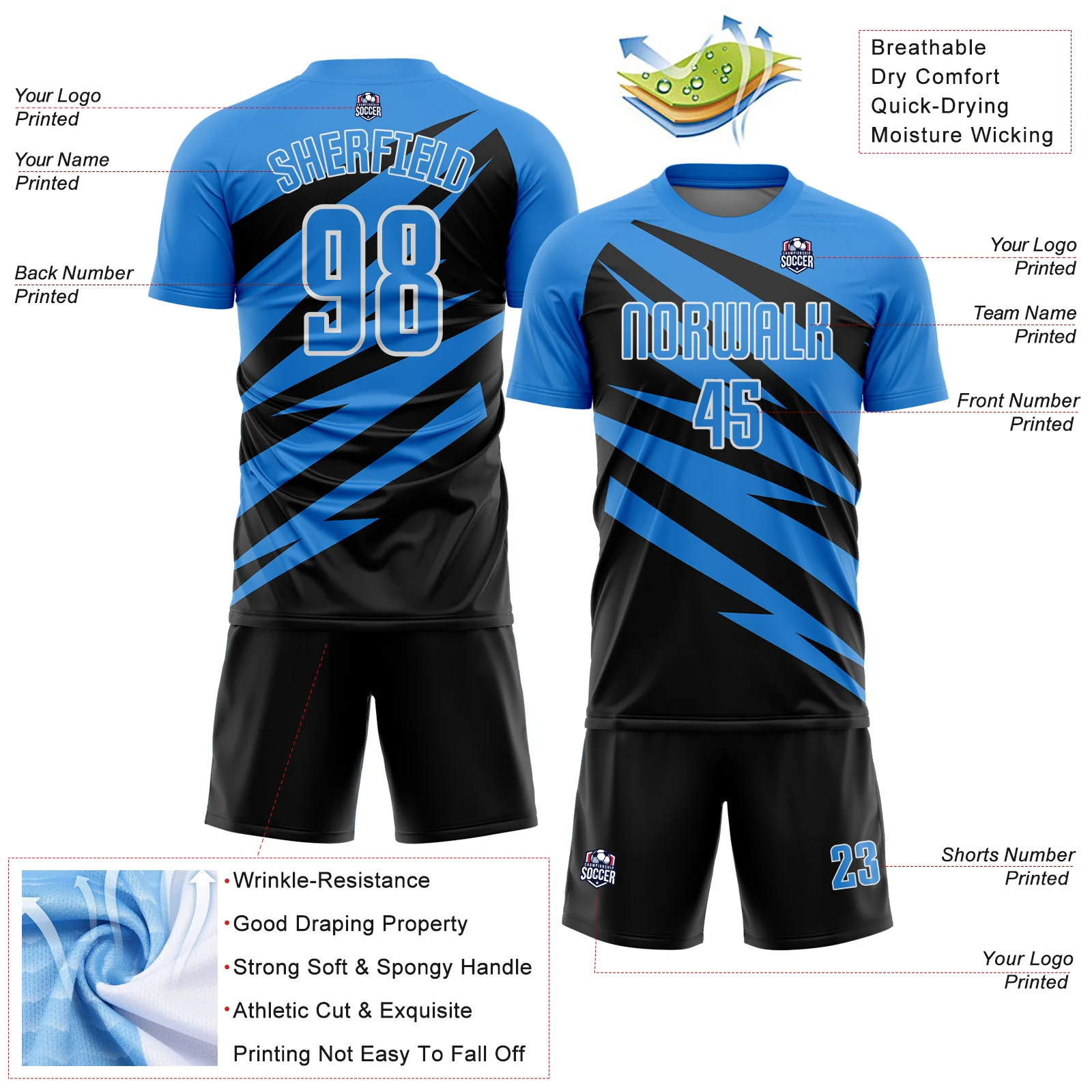 Custom Powder Blue Black-White Abstract Line Sports Sublimation Soccer Uniform Jersey - Image 4
