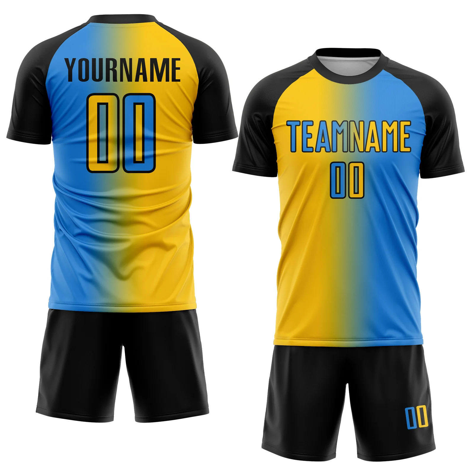 Custom Powder Blue Yellow-Black Sublimation Gradient Fashion Soccer Uniform Jersey - Image 2