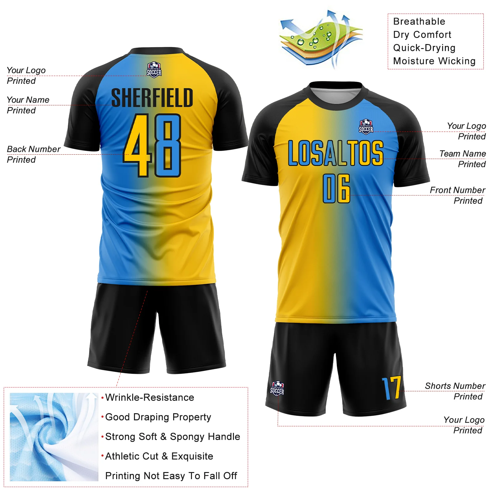 Custom Powder Blue Yellow-Black Sublimation Gradient Fashion Soccer Uniform Jersey - Image 4