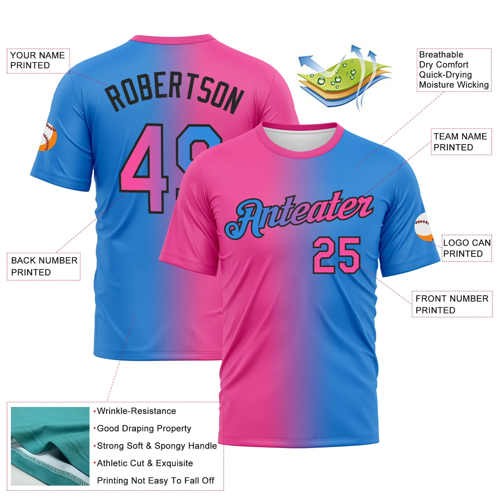 Custom Powder Blue Pink-Black Gradient Fashion Performance T-Shirt - Image 3