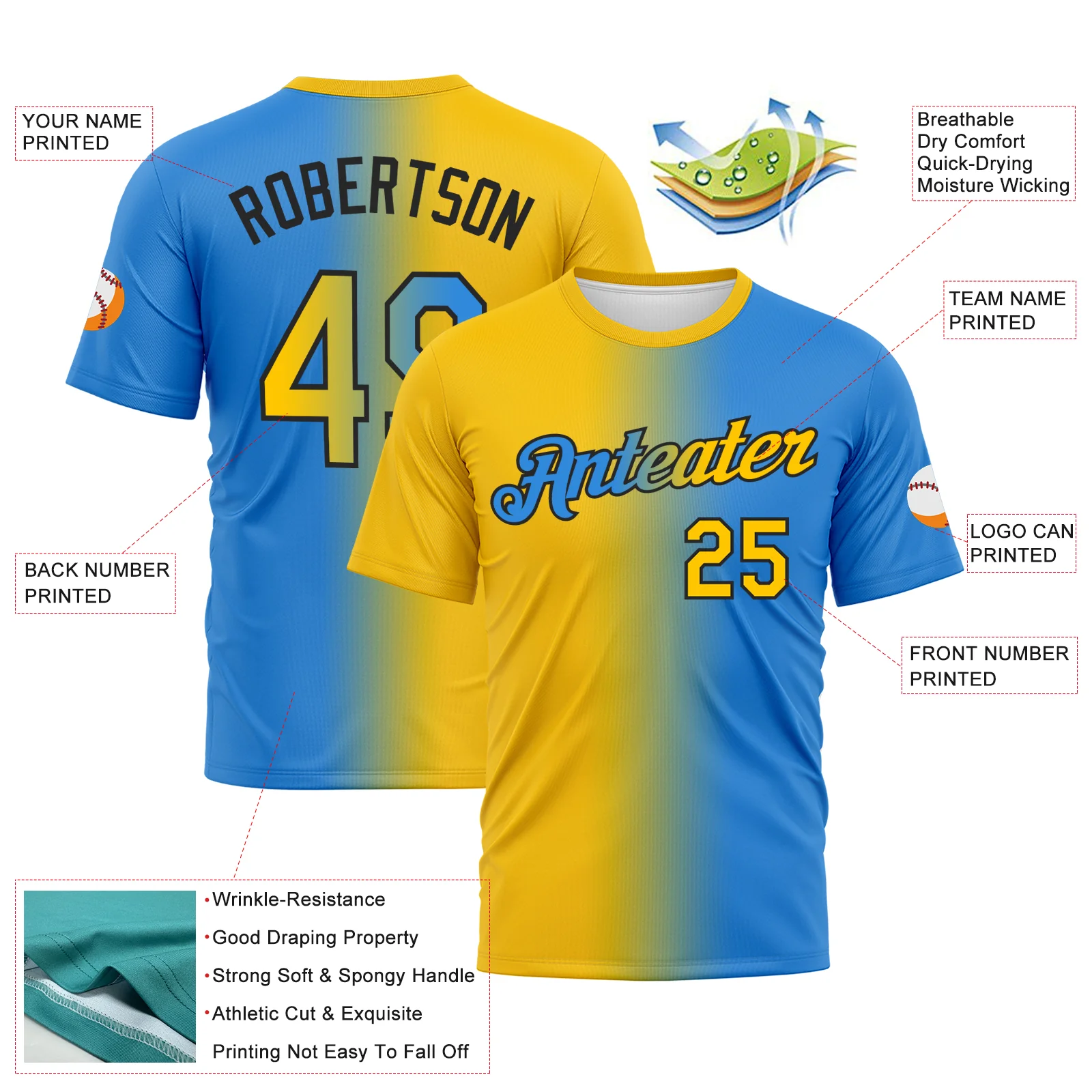 Custom Powder Blue Yellow-Black Gradient Fashion Performance T-Shirt - Image 2