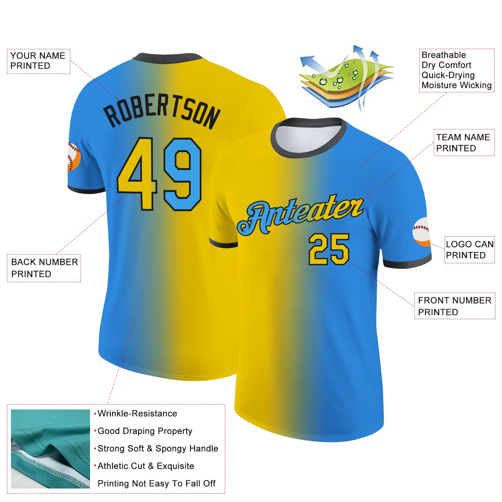 Custom Powder Blue Yellow-Black Gradient Fashion Performance T-Shirt - Image 2