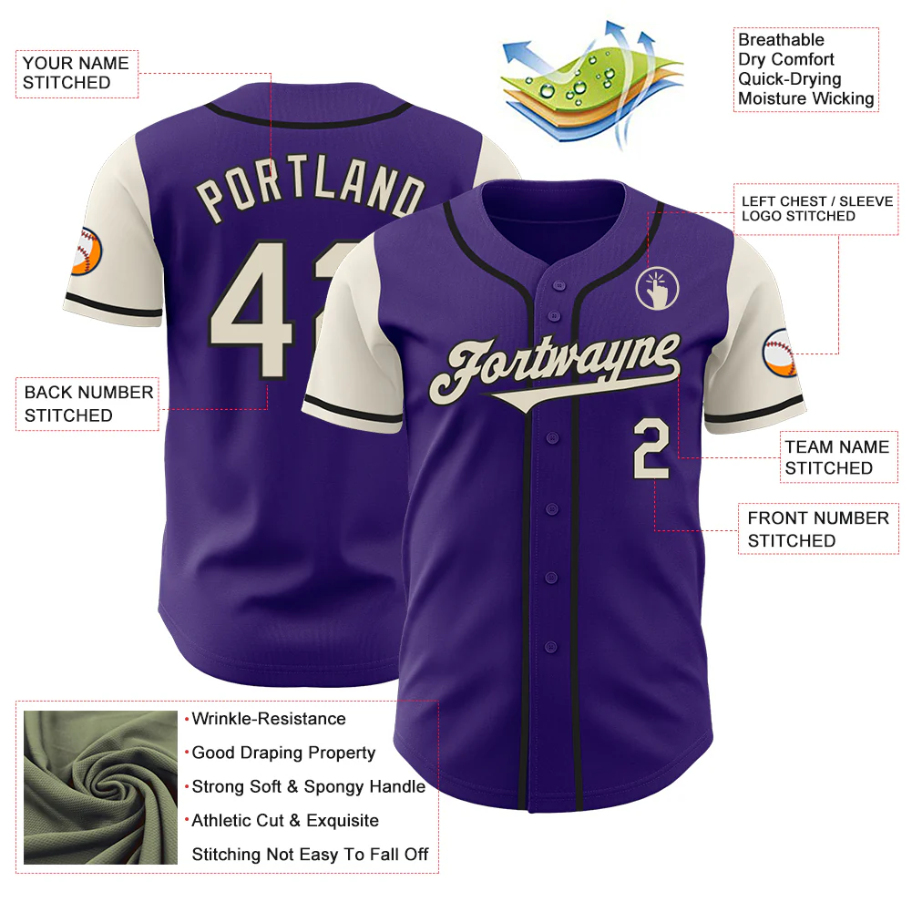 Custom Purple Cream-Black Authentic Two Tone Baseball Jersey - Image 3