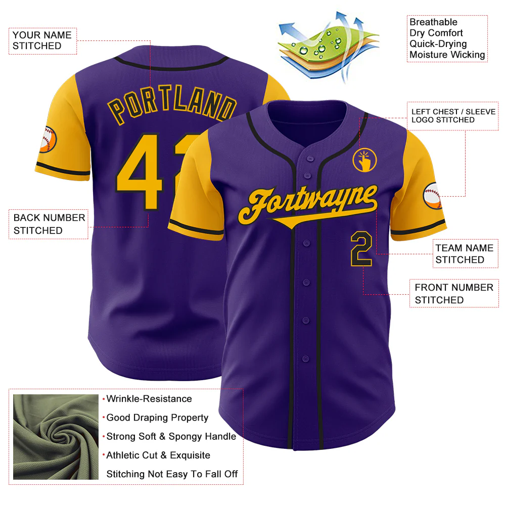 Custom Purple Gold-Black Authentic Two Tone Baseball Jersey - Image 3