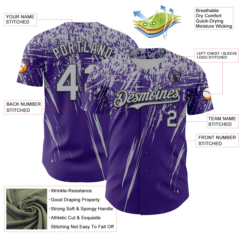 Custom Purple Gray-Black Distressed Scratch Brush Stroke Authentic Baseball Jersey - Image 3