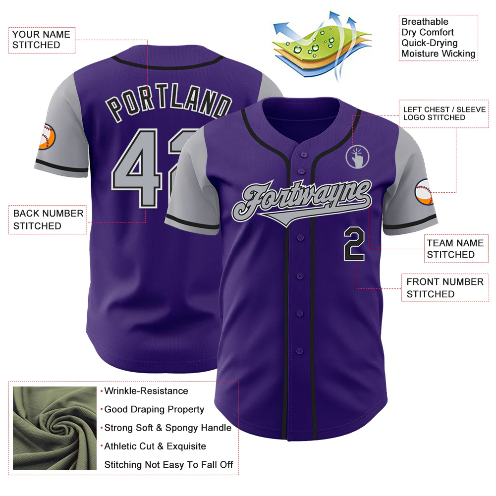 Custom Purple Gray-Black Authentic Two Tone Baseball Jersey - Image 3