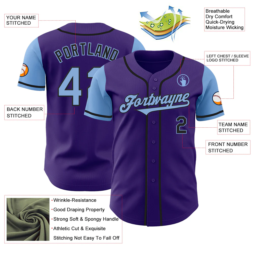 Custom Purple Light Blue-Black Authentic Two Tone Baseball Jersey - Image 3