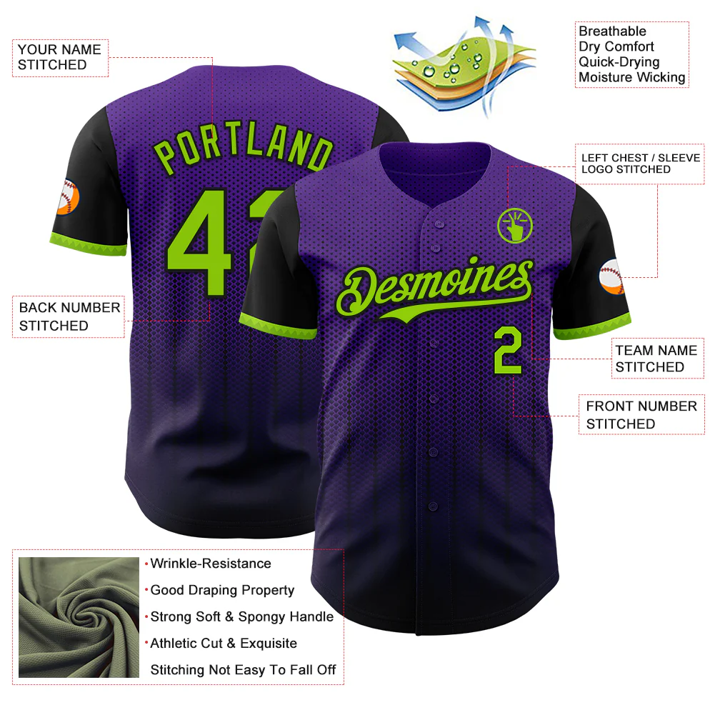 Custom Purple Neon Green-Black 3D Pattern Design Gradient Geometric Shape Authentic Baseball Jersey - Image 3