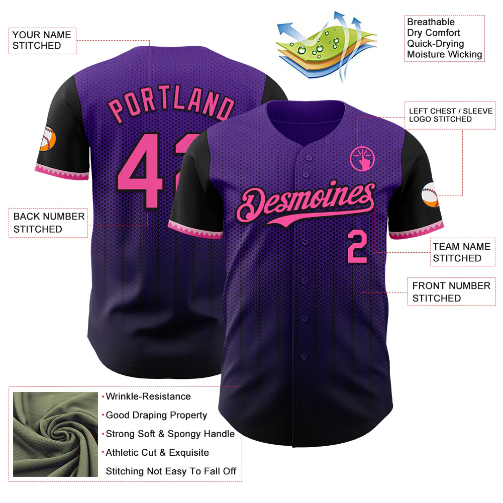 Custom Purple Pink-Black 3D Pattern Design Gradient Geometric Shape Authentic Baseball Jersey - Image 3