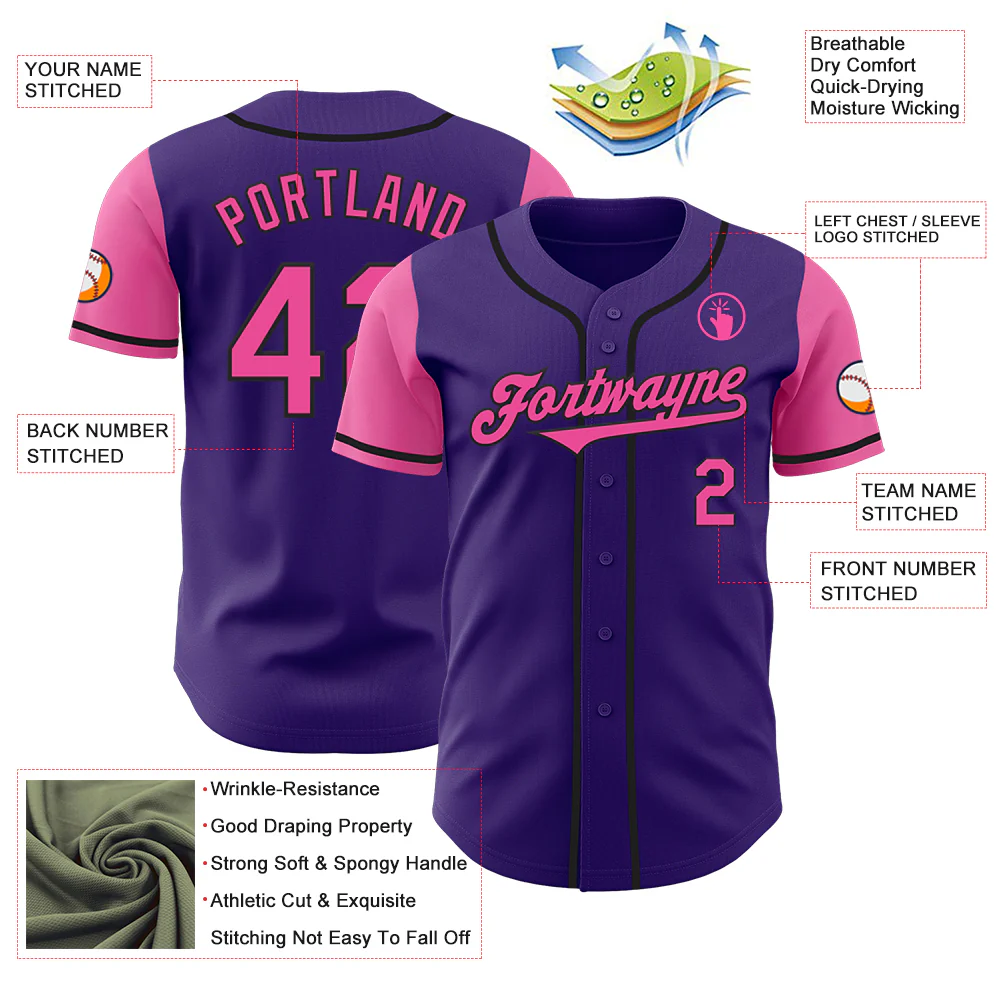 Custom Purple Pink-Black Authentic Two Tone Baseball Jersey - Image 3